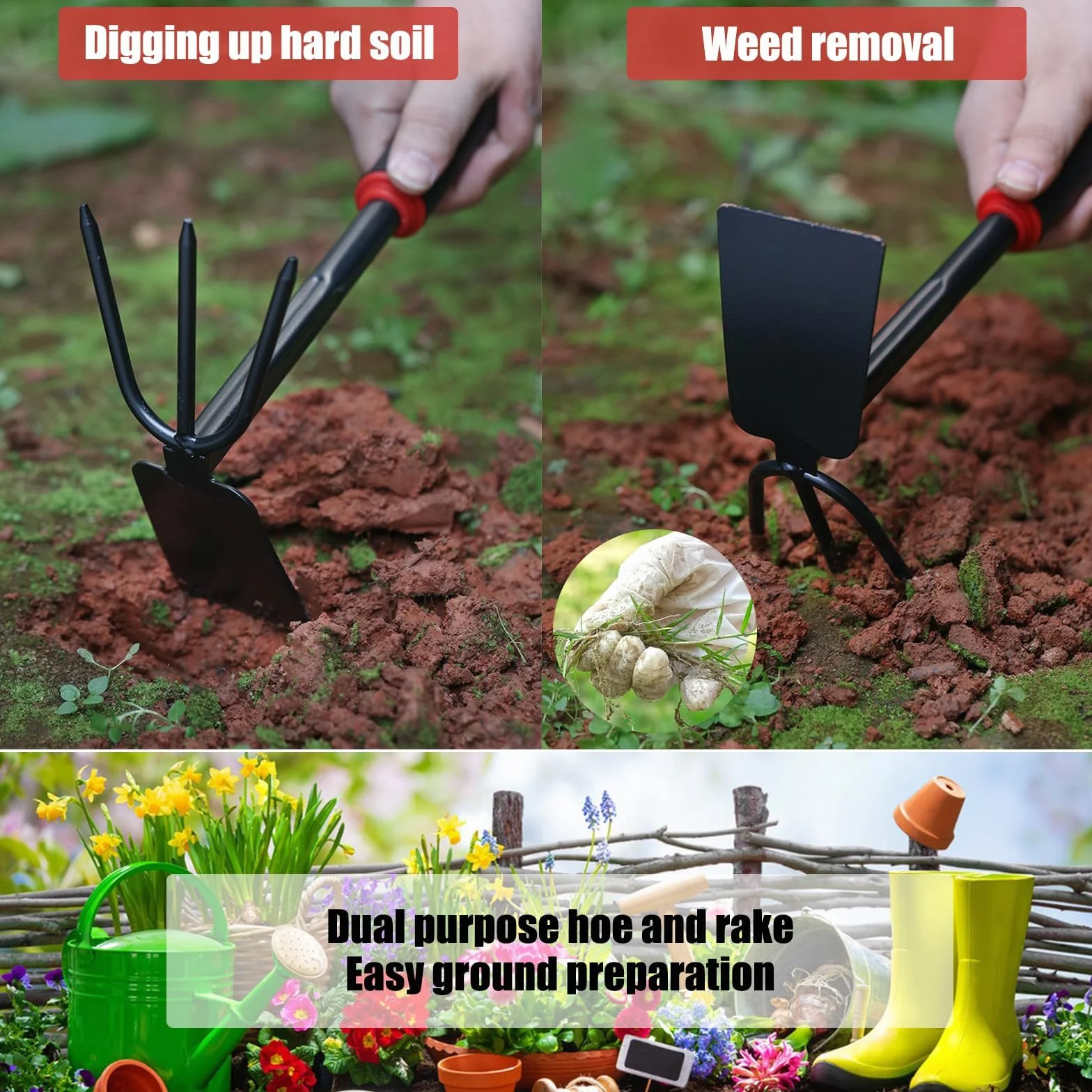 Herramientas de jardinería de 3 Piezas con Mango Antideslizante – Kit Profesional de Acero Inoxidable para plantación, excavación y azada (Pala, trasplantador, azada Doble)