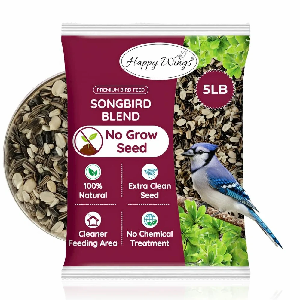 Happy Wings Comida para pájaros cantores sin crecimiento (mezcla de semillas de girasol/granos, semillas de cártamo y cacahuetes) - Alimento para pájaros altamente nutritivo (5 libras)