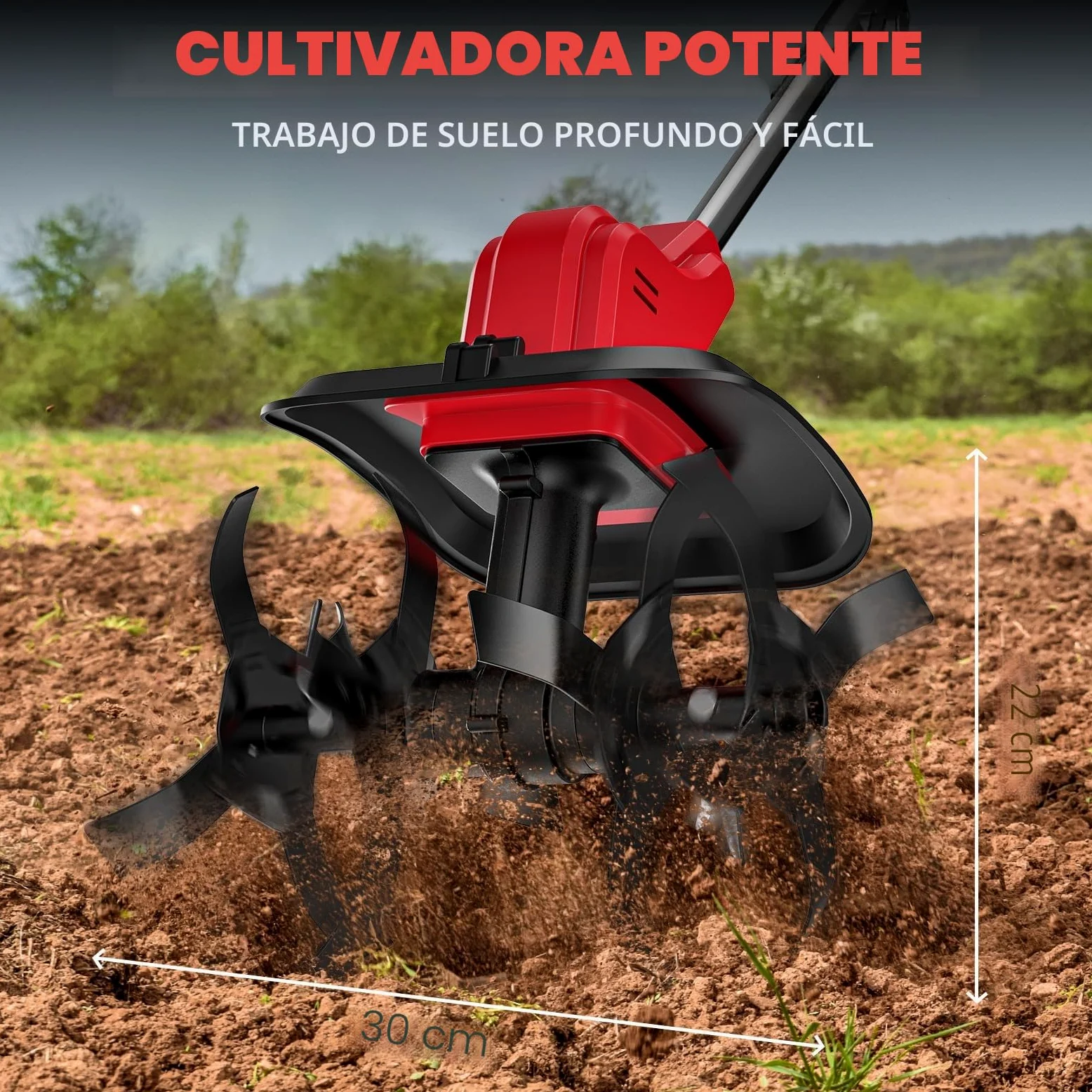 Motoazada Batería 550W, Motocultor Eléctrico 30cm con Pantalla LED, Rojo | Motor 550W, 2 Baterías 4.0Ah Inclusas, Pantalla LED, Rodillo Doble, Ancho 30cm, Mango Plegable, Ideal Para Jardinería