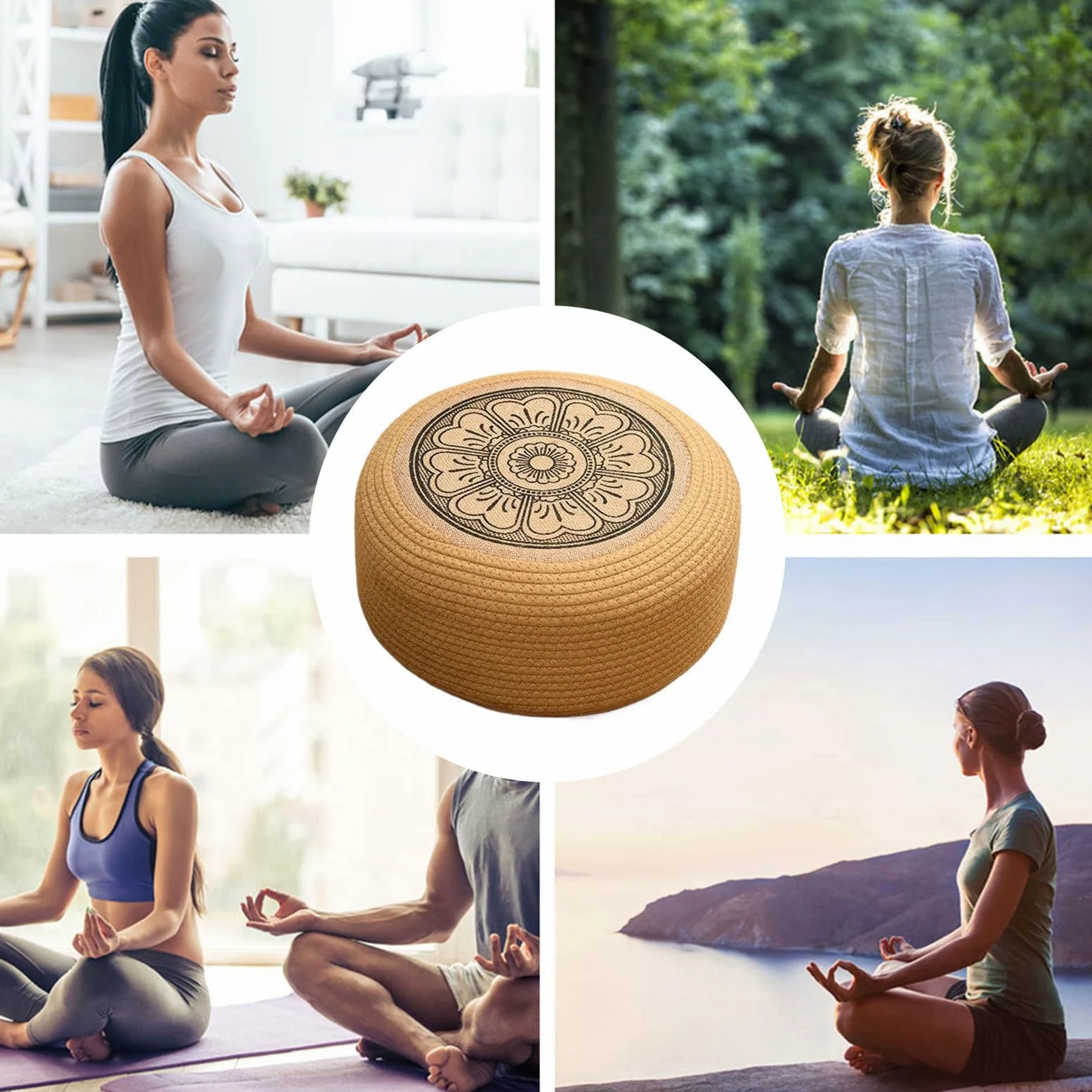 Puff de Ratán Tejido - Reposapiés para Terraza con Cojín Tatami