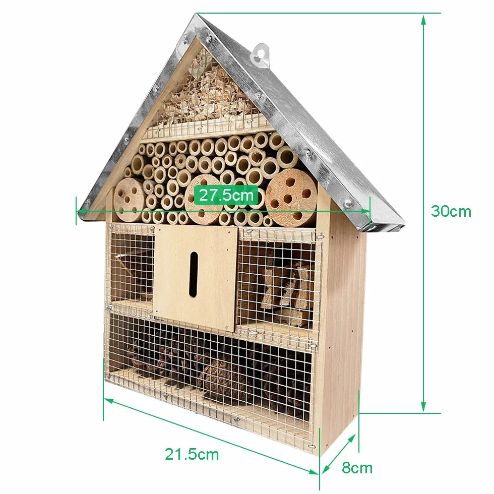 Hotel De Insectos para Exterior Colgar, Casa De Insectos De Madera para La Decoración del Jardín Arbol, Casita Insectos con Techo Metalico Y Gancho, para Abeja Mariposa Mariquitas Vivas Insectos