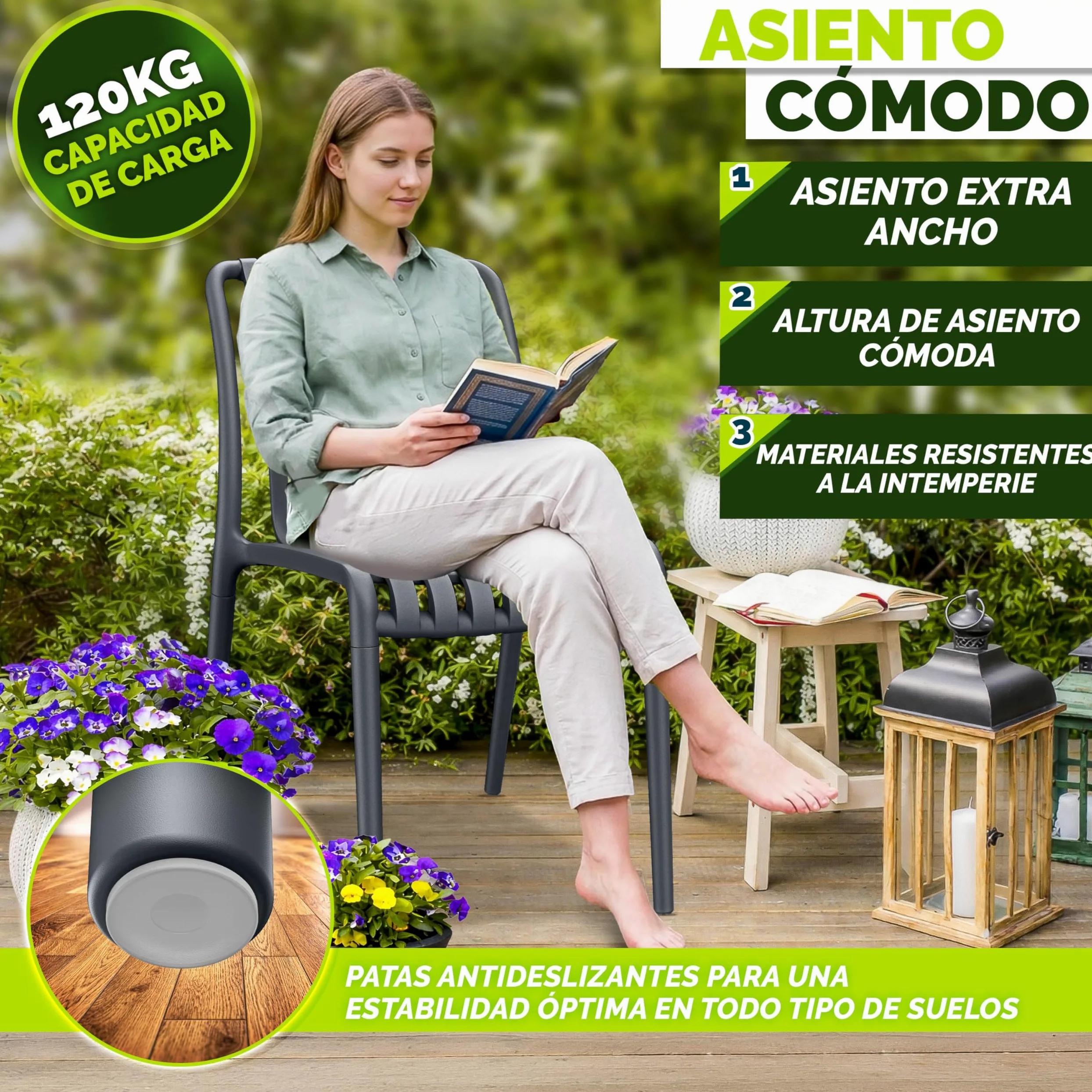tillvex Juego de 2 sillas de jardín apilables, resistentes a la intemperie, sillas de exterior de hasta 120 kg, sillas de jardín para exteriores, muebles de terraza, balcón, jardín, terraza