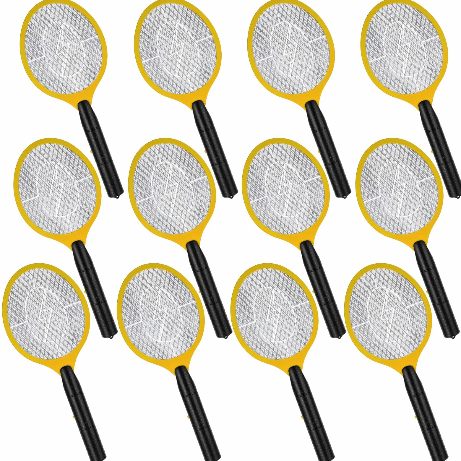 Paquete de 12 matamoscas eléctrico a granel, raquetas matamoscas para interiores y exteriores, raqueta de mosquitos con malla protectora, funciona con pilas AA, no incluidas (amarillo)