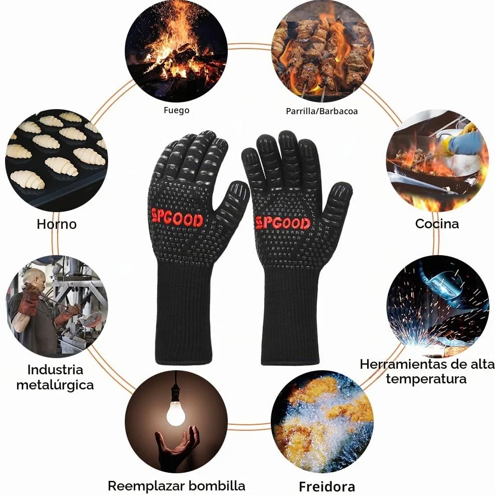 SPGOOD Guantes Barbacoa Guantes Horno Altas temperaturas Largos, BBQ Guantes Resistentes al Calor hasta 800℃ para Cocina, Parrilla, Hornear, Microondas, Chimenea Negro（L/XXL）