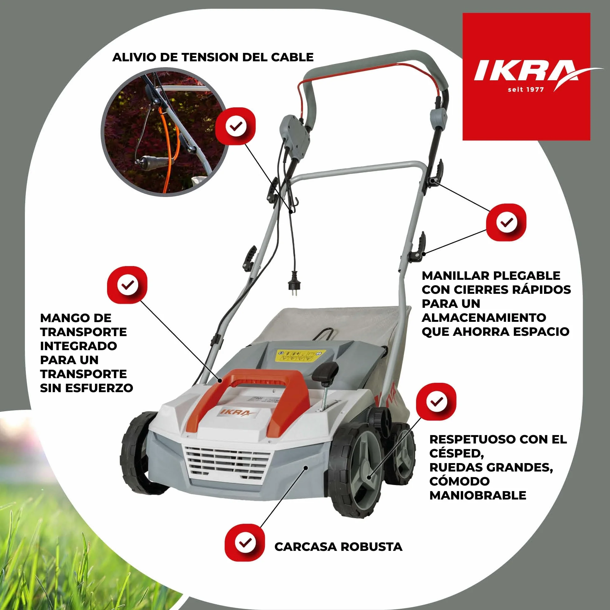 IKRA escarificador y aireador eléctrico IEVL 1838, saco coletor 40l, largo de trabajo 38cm, 1800W