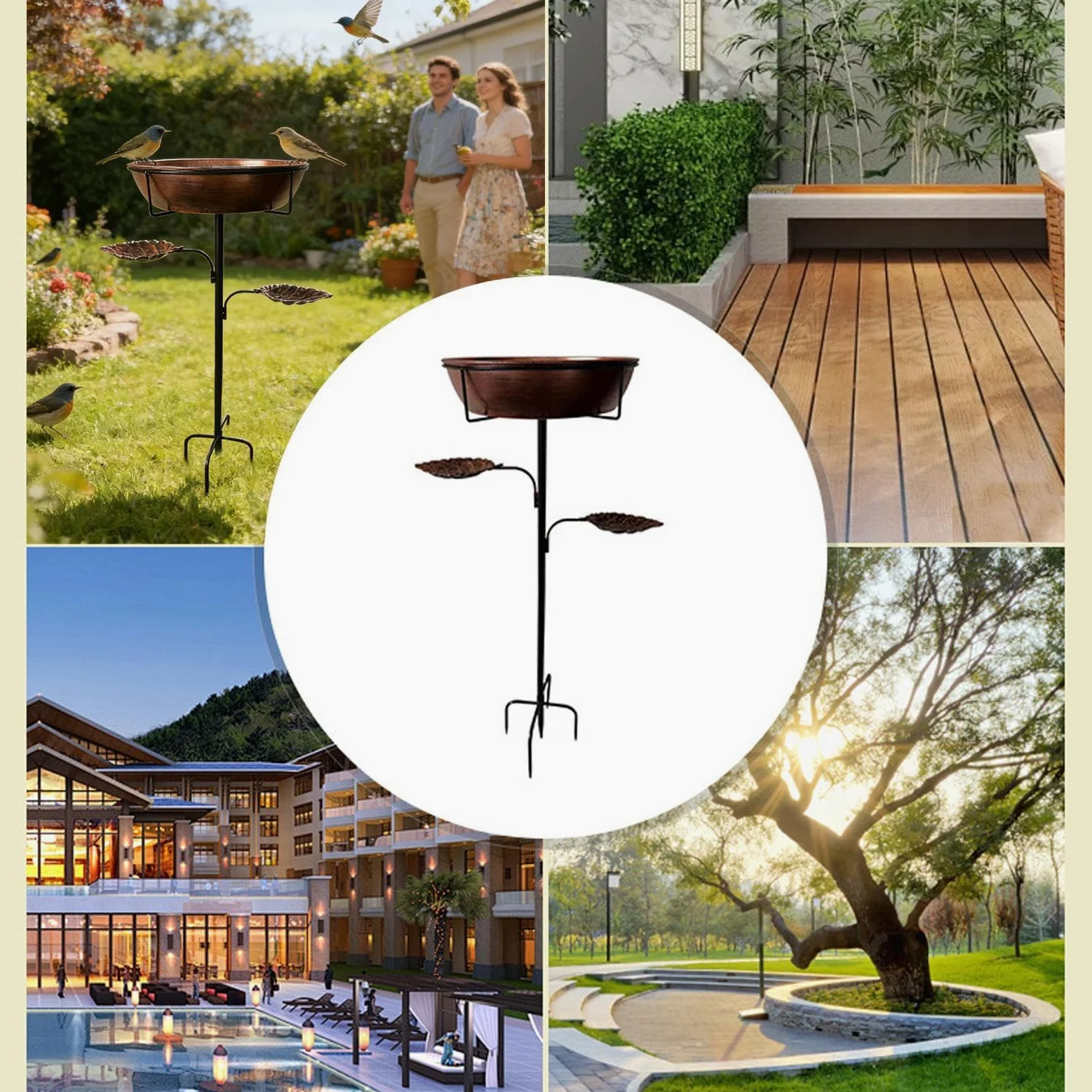 Baño para pájaros, bebedero de metal inoxidable con cuenco extraíble, decoración de césped de jardín al aire libre para colibríes, terraza, patio y balcón, función de agua perfecta