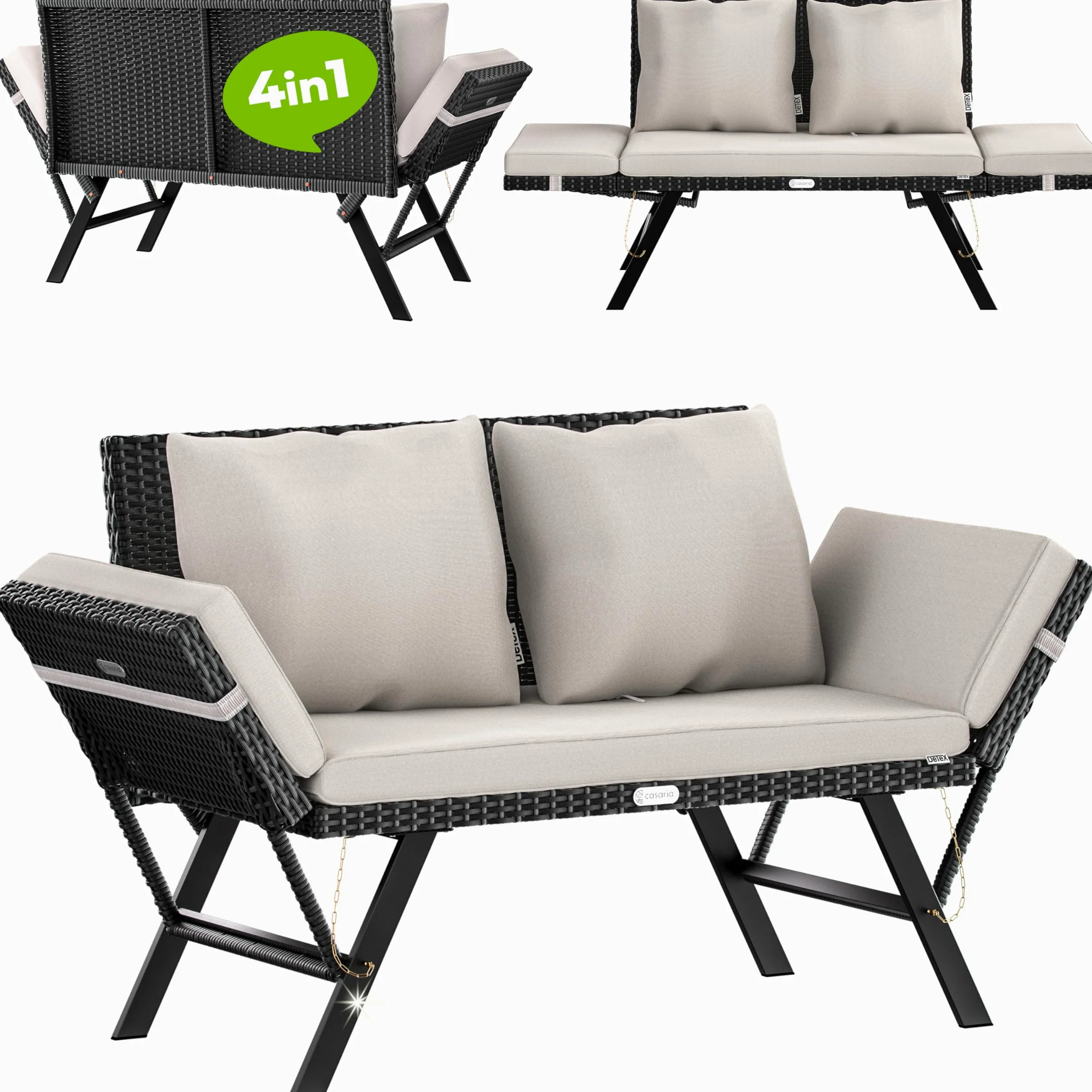 CASARIA Sofá de Jardín Poliratán 2en1 Reclinable Tumbona Cama Banco Exterior 240Kg Negro
