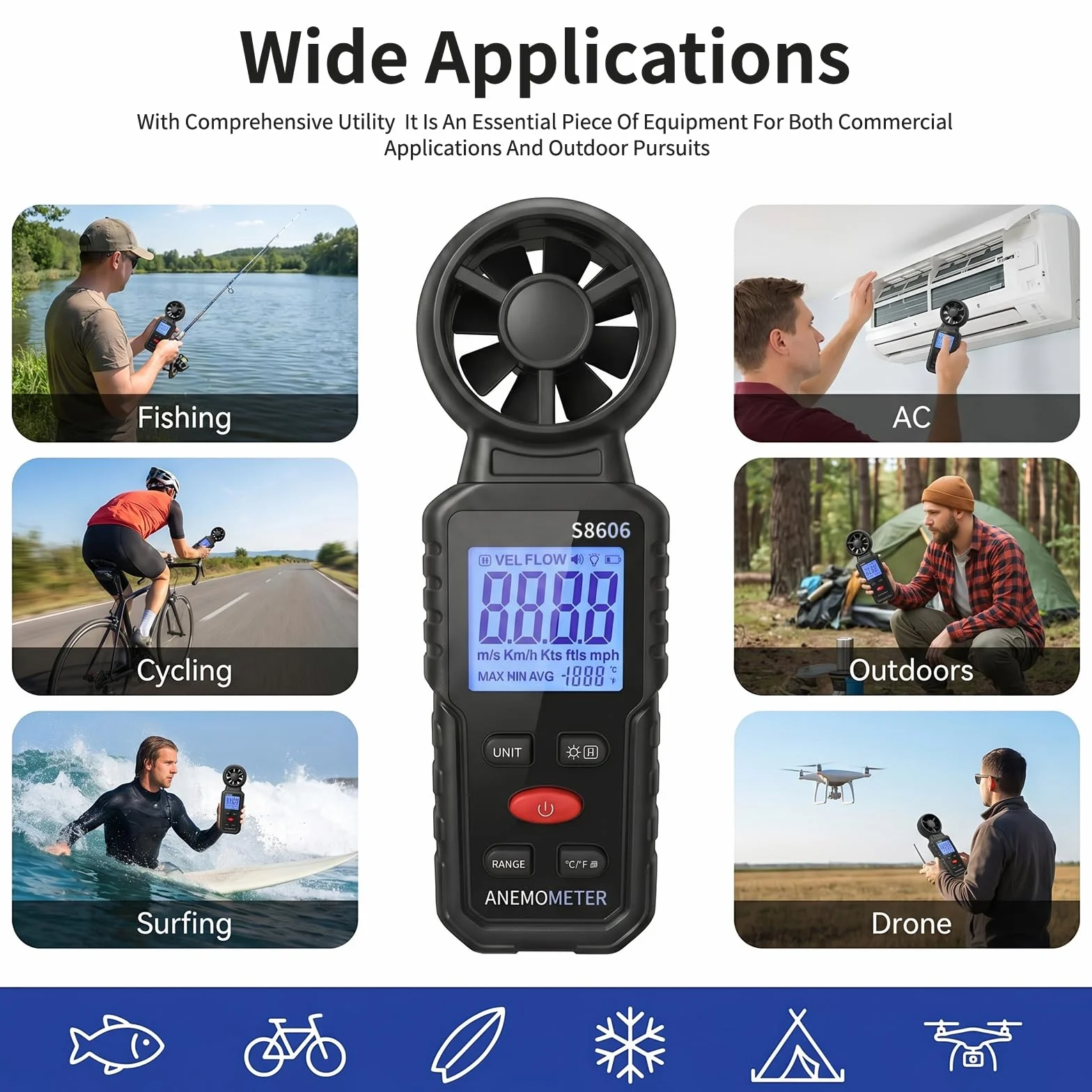 Anemómetro Digital Portátil 3 en 1 con Pantalla LCD Retroiluminada, Medidor de Velocidad del Viento, Temperatura y Flujo de Aire, Funciones MAX/MIN/AVG, para Navegación, Drones, Surf y Pesca