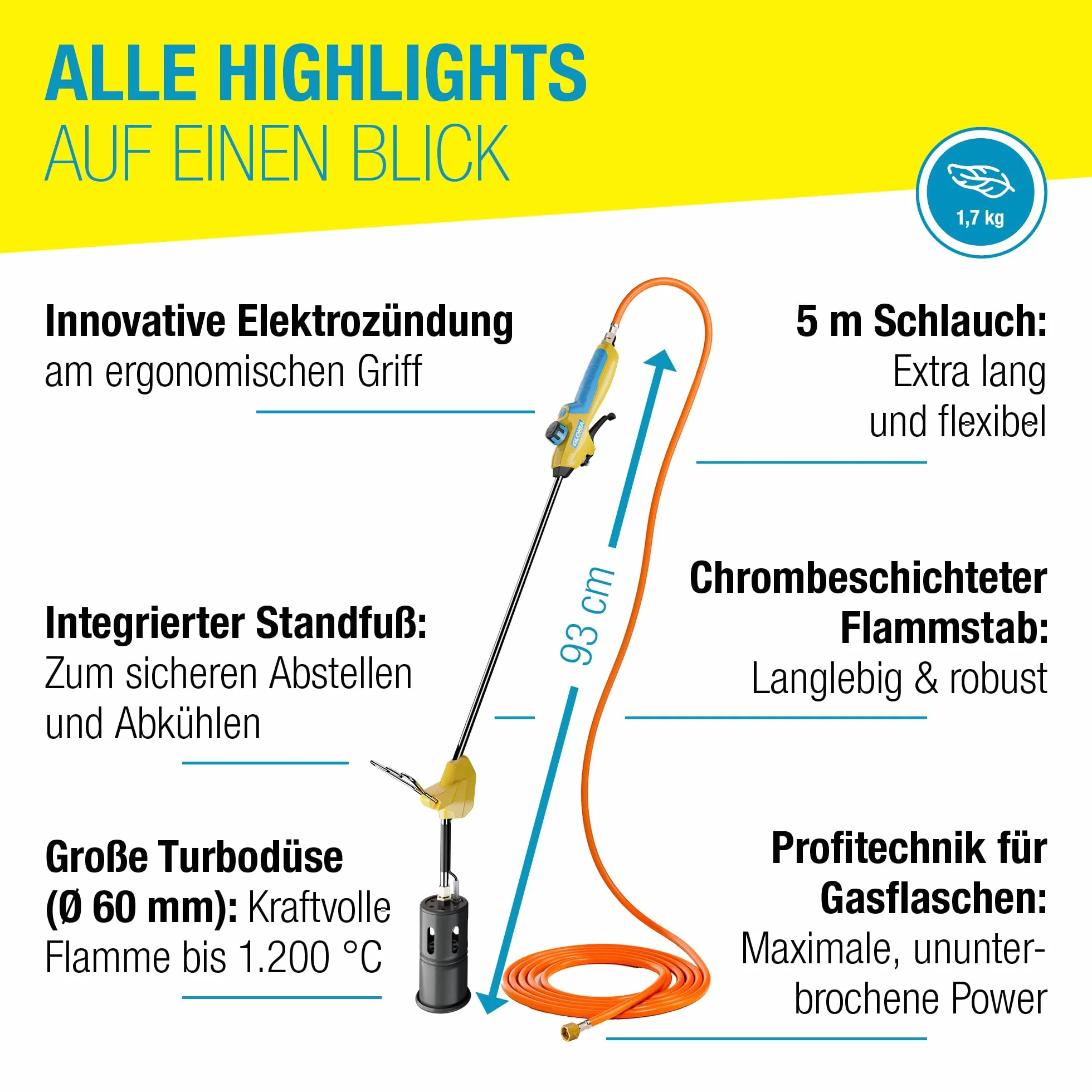 Gloria Flameador de gas Thermoflamm Bio Professional E+ Turbo Set – Potente para grandes superficies | Conexión de botella de gas comprimido | Quemador de malas hierbas/herbicidas | Incluye reductor