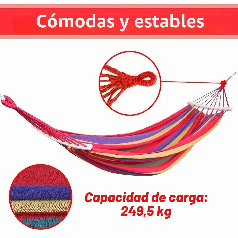 HOSPAOP Hamacas Dobles 280 x 160 cm, Hamaca Jardin Colgantes Exterior con Barra, Amaca Portátil de Lona con Cuerdas, Capacidad de 300kg, para Jardín Patio Acampar Trasero Playa Mochileros