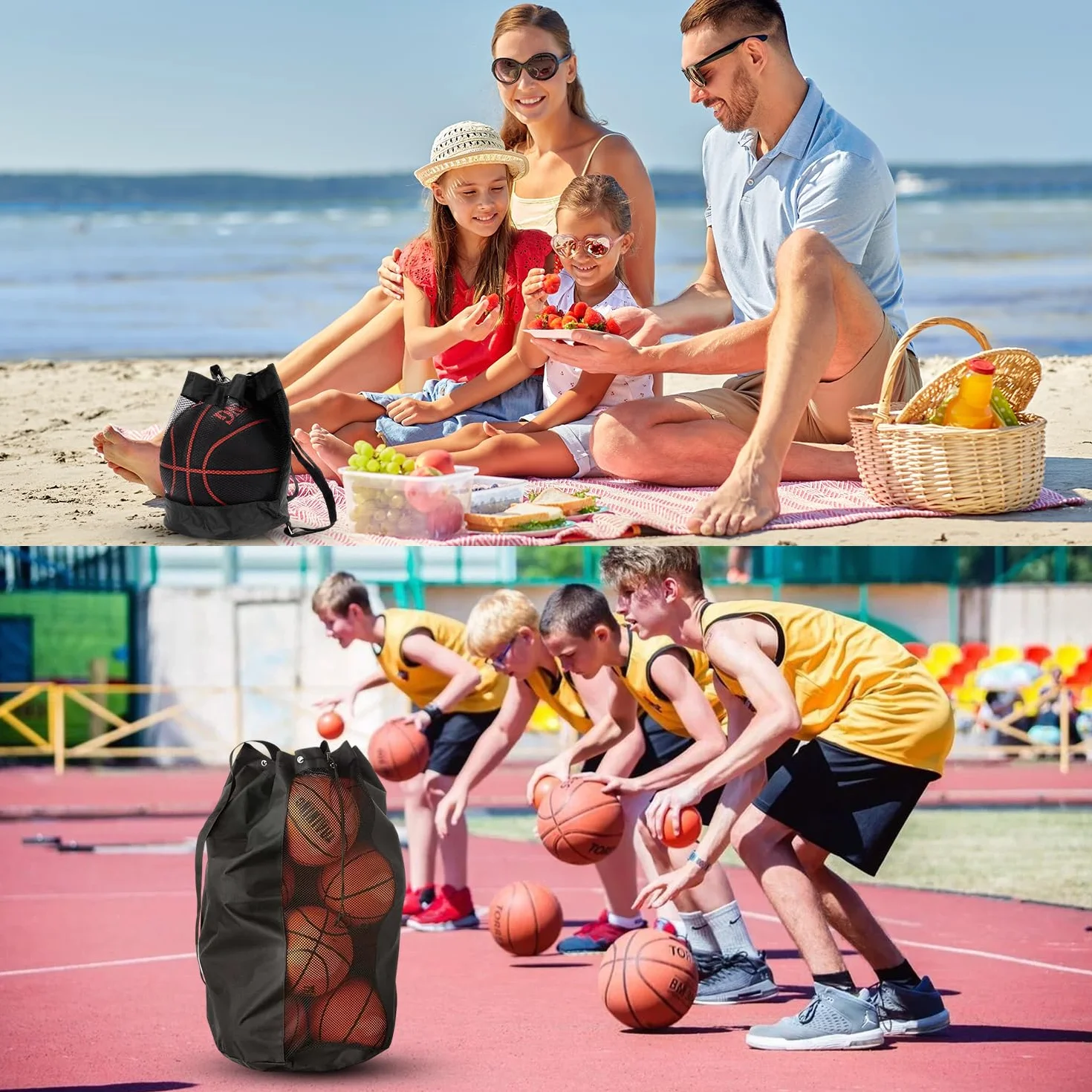 Mochila de Malla de Baloncesto 2 en 1 con Bolsa de Fútbol - Impermeable Tela Oxford Negro