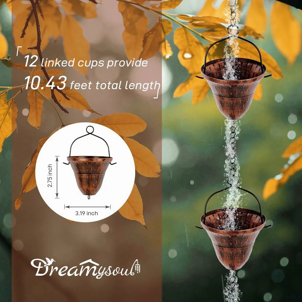 dreamysoul Cadenas de Lluvia de Cobre para Exteriores, 10.43 pies con 12 Tazas, Cadenas de Recogida de Lluvia para canalones de bajante, Drenaje de Aleros