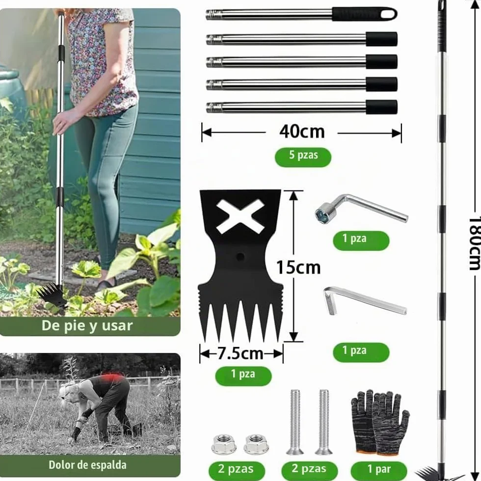 Extractora de Malas Hierbas con Mango Largo de 180 cm,Rastrillo de Azadas de Jardín 2 en 1 para Desmalezar,Quitar Malas Hierbas Jardin Mango Largo,Herramientas de Jardín para patio,césped,patio,jardín
