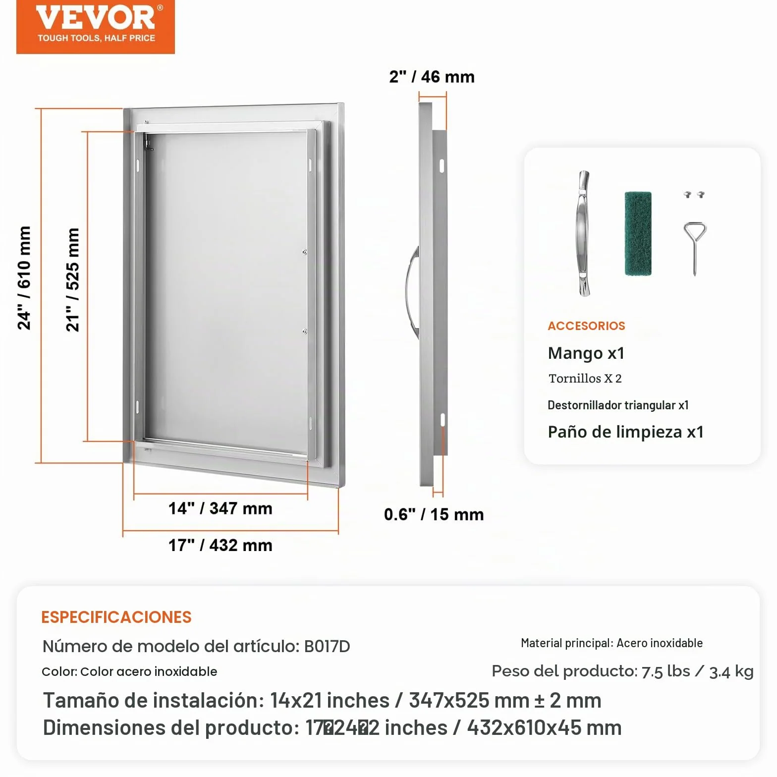 VEVOR Puerta de Acceso a Barbacoa Puerta de Cocina Exterior Simple de 432x610 mm Puerta Empotrada de Acero Inoxidable con Manija Empotrada para Isla de Barbacoa, Estación de Parrilla, Armario Exterior