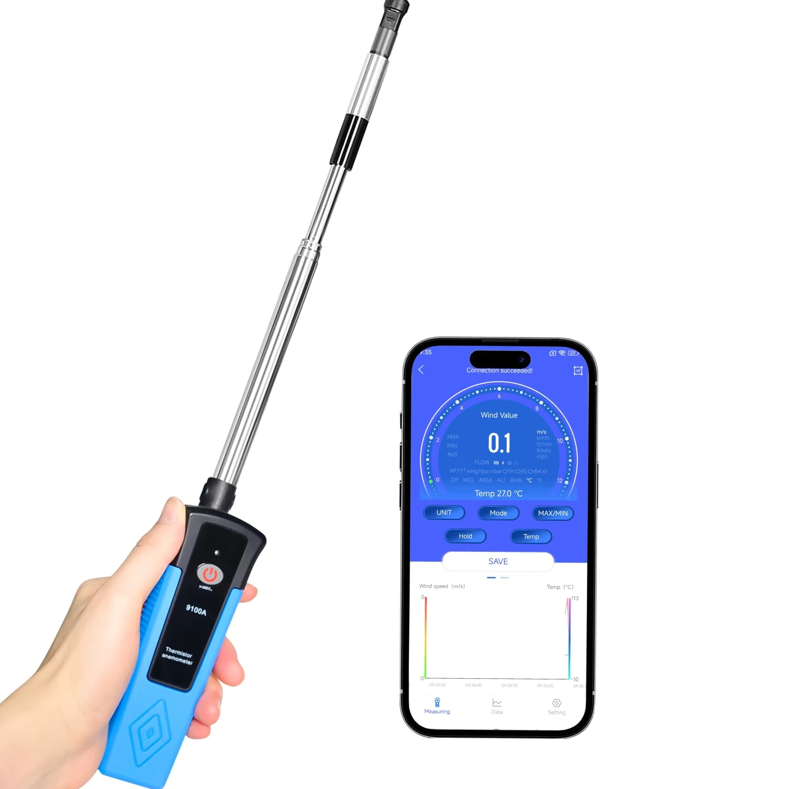 Anemómetro de cable caliente de mano con aplicación Bluetooth, sonda telescópica, medidor CFM de flujo de aire mide velocidad de maleza de 1 a 89.5 mph, baja velocidad de flujo, temperatura