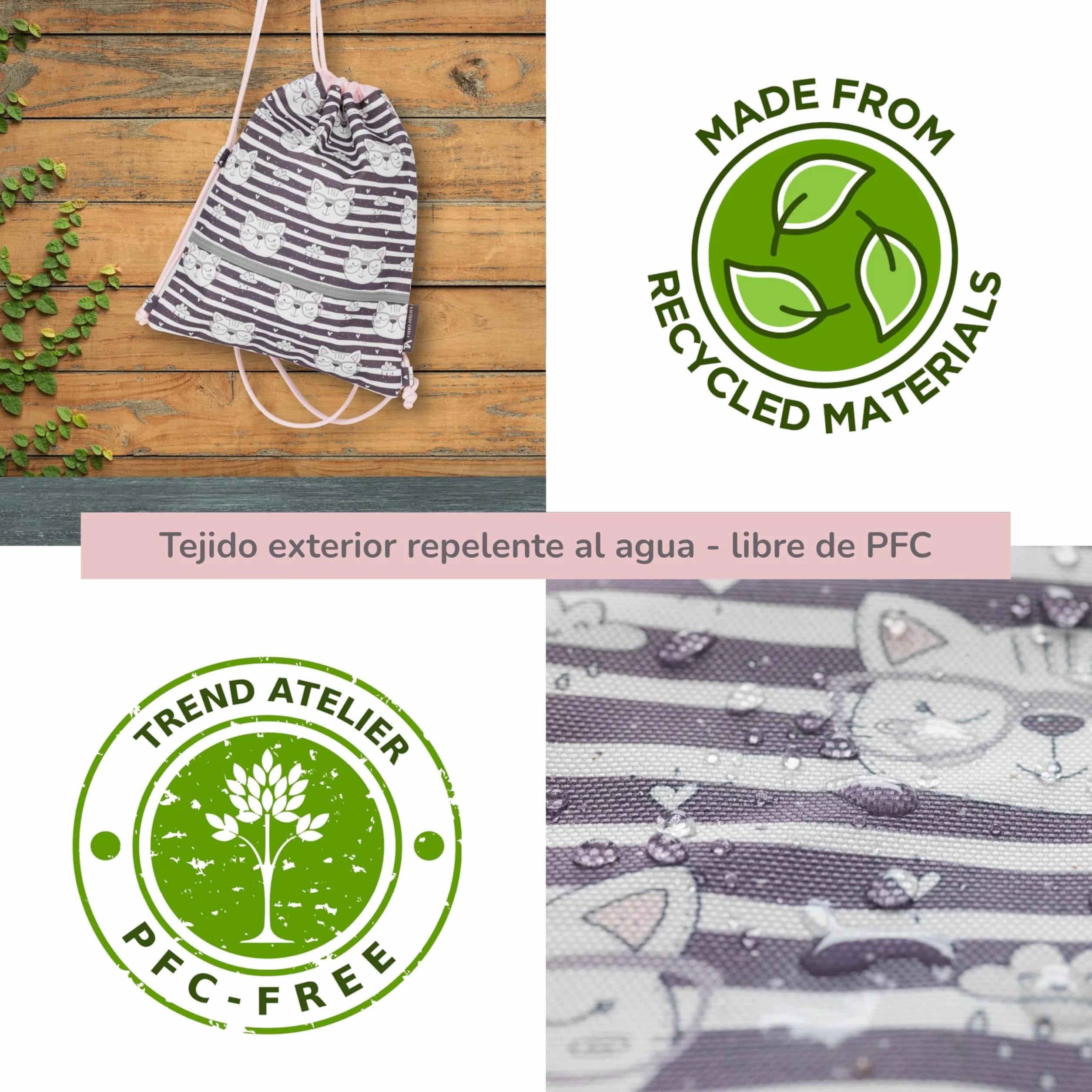 Torba gimnastyczna dziecięca z poliestru z recyklingu, wodoodporna, bez PFC, z odblaskami i paskiem piersiowym (Kot)