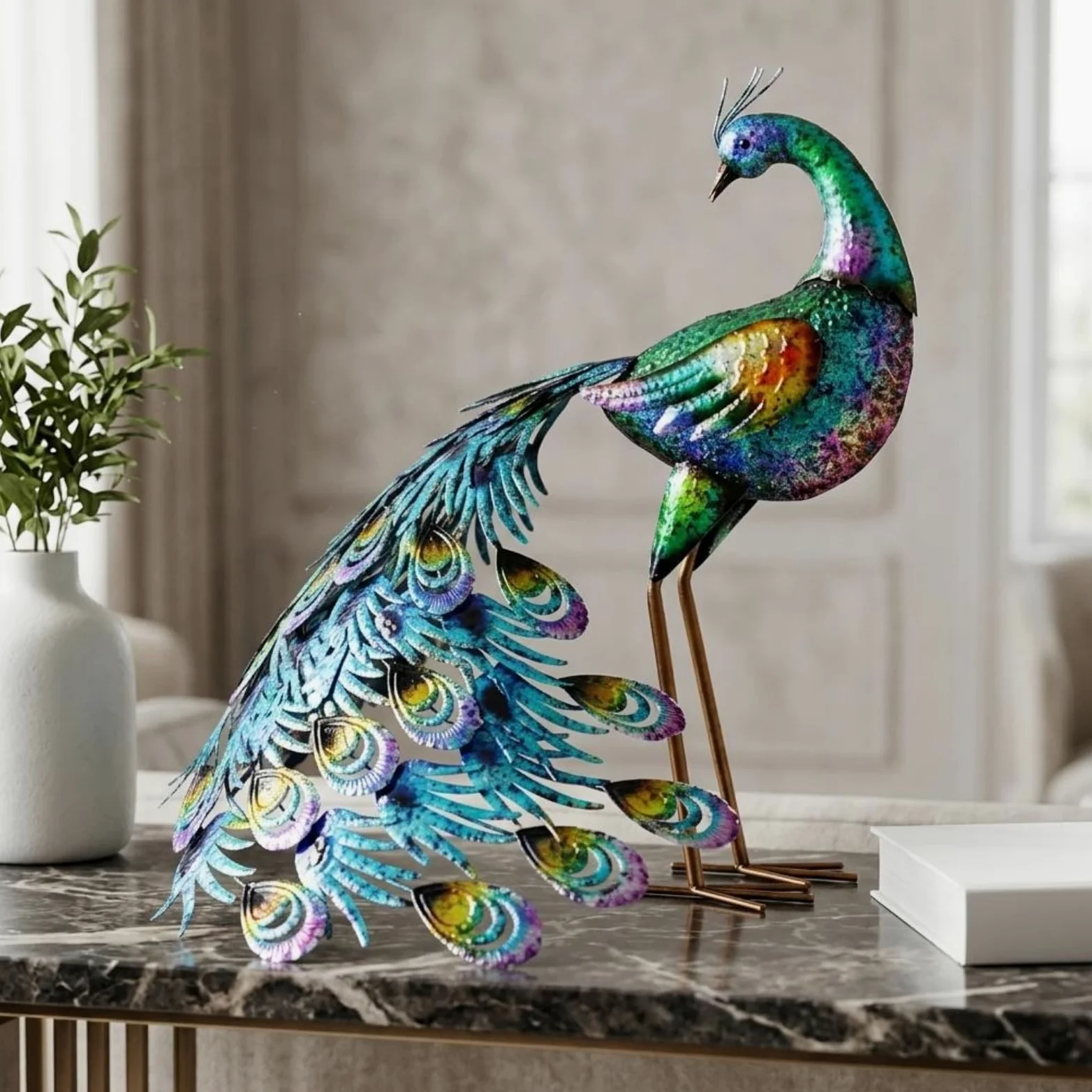 Estatua de Decorativa Figura Escultura Adorno Ornamento Metálico con Diseño Llamativo y Efecto Acogedor Adecuada para, Pavo Real De Cola Grande con Cabeza Recta — Sin Luz — 49.5 45.5 48cm