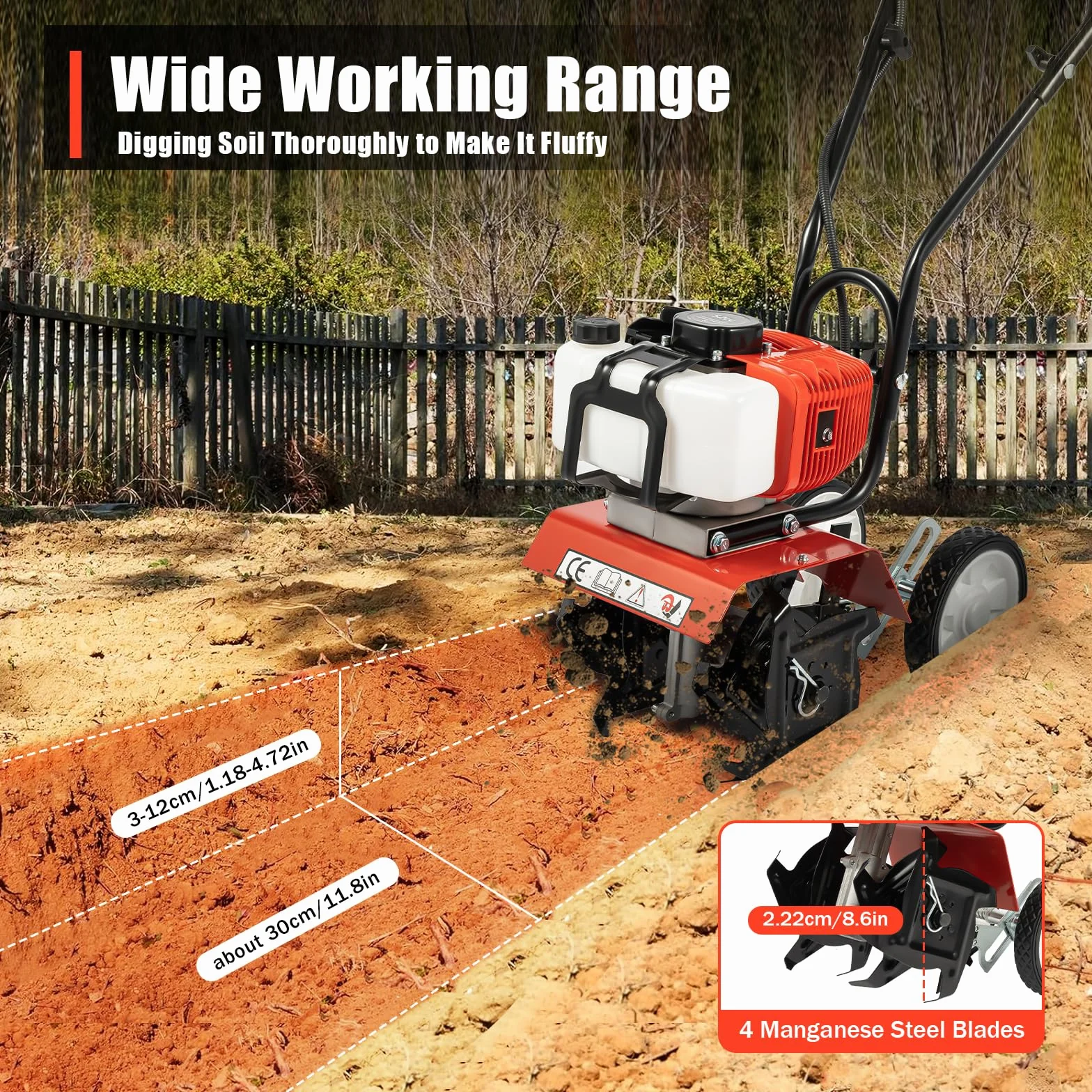 Motocultor Gasolina, 52 cc Cultivador térmico, 1,9 kW 6500 rpm Motoazada, 4 cuchillas de acero de Manganeso, aflojamiento del suelo jardín huerto invernadero huerto, ligero, 15 kg, ancho 30 cm
