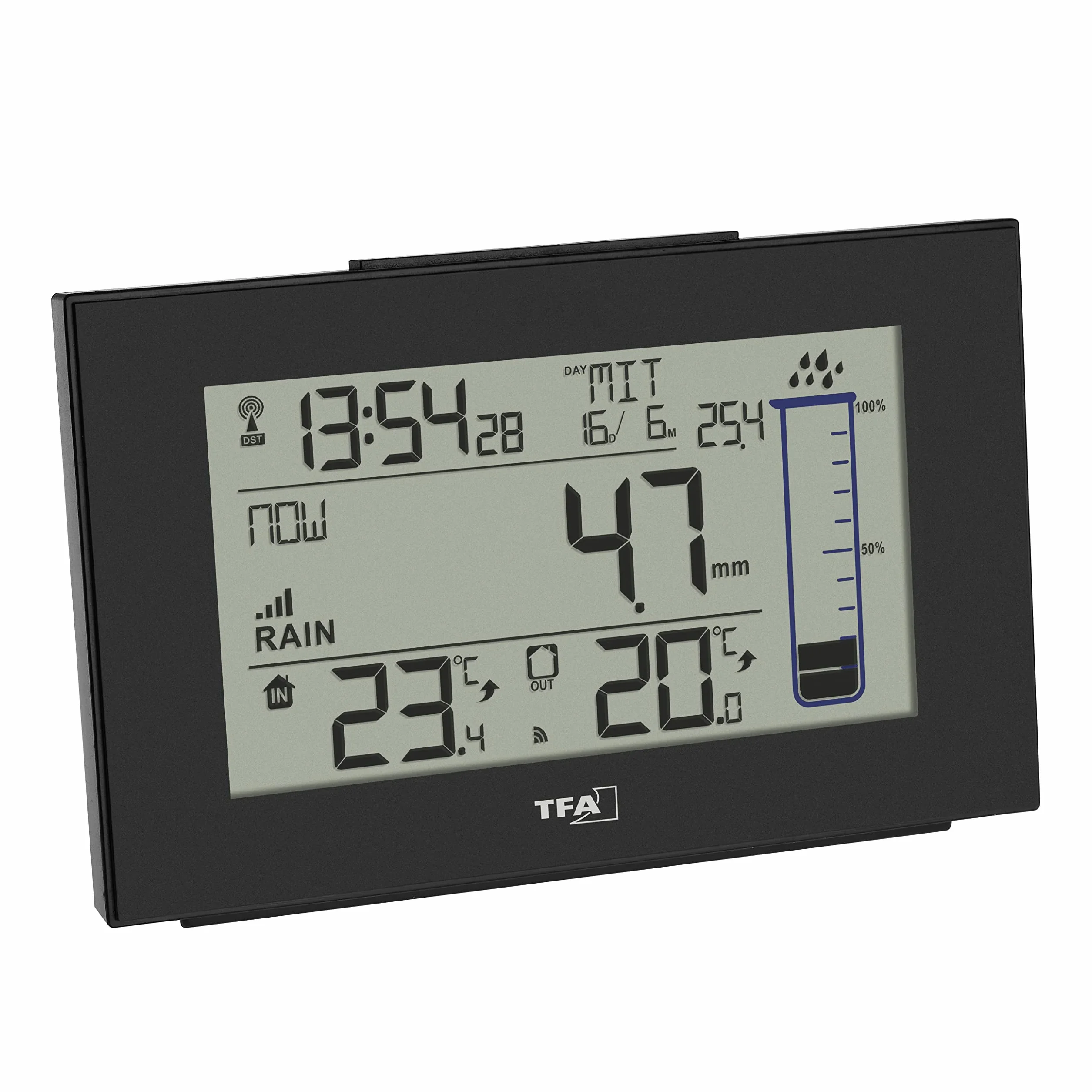 TFA Dostmann Splash 47.3006.01 - Pluviómetro Digital inalámbrico para jardín, con autodrenaje, Color Negro