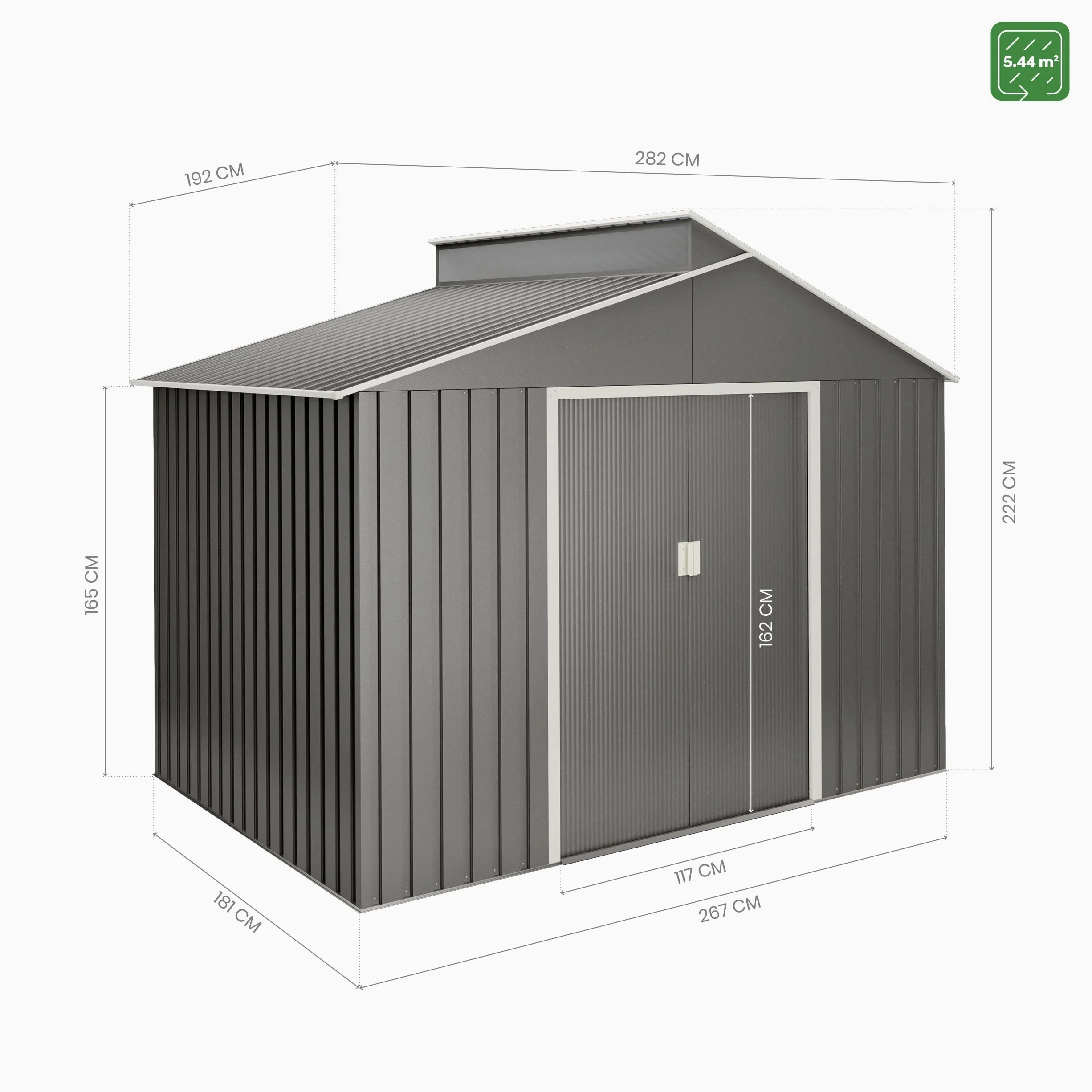 Caseta Jardín Exterior 5,44 m2 Latte – Color Metalizado Premium - Tragaluz de Policarbonato – Puerta Corredera Doble – Techo Inclinado - Cobertizo para terraza metálico de Almacenamiento