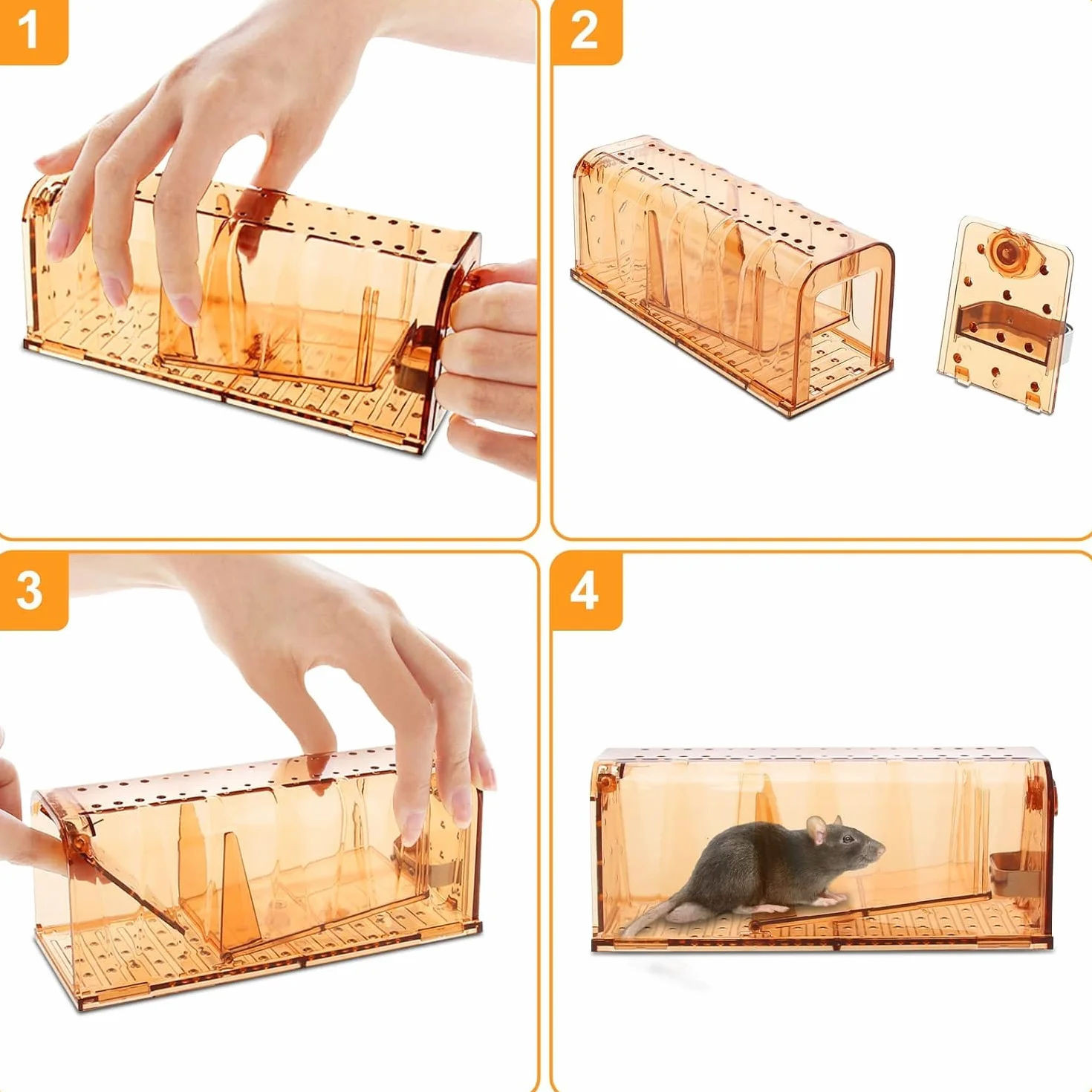 TAKRINK Trampa para Ratones 2Pcs Trampas Ratas para Interiores Sin Matar Ratonera Rata Viva Reutilizable con Orificio de Aire Sin Mecanismo de Liberación Táctil para Cocina Jardín Hogar Ático(Naranja)