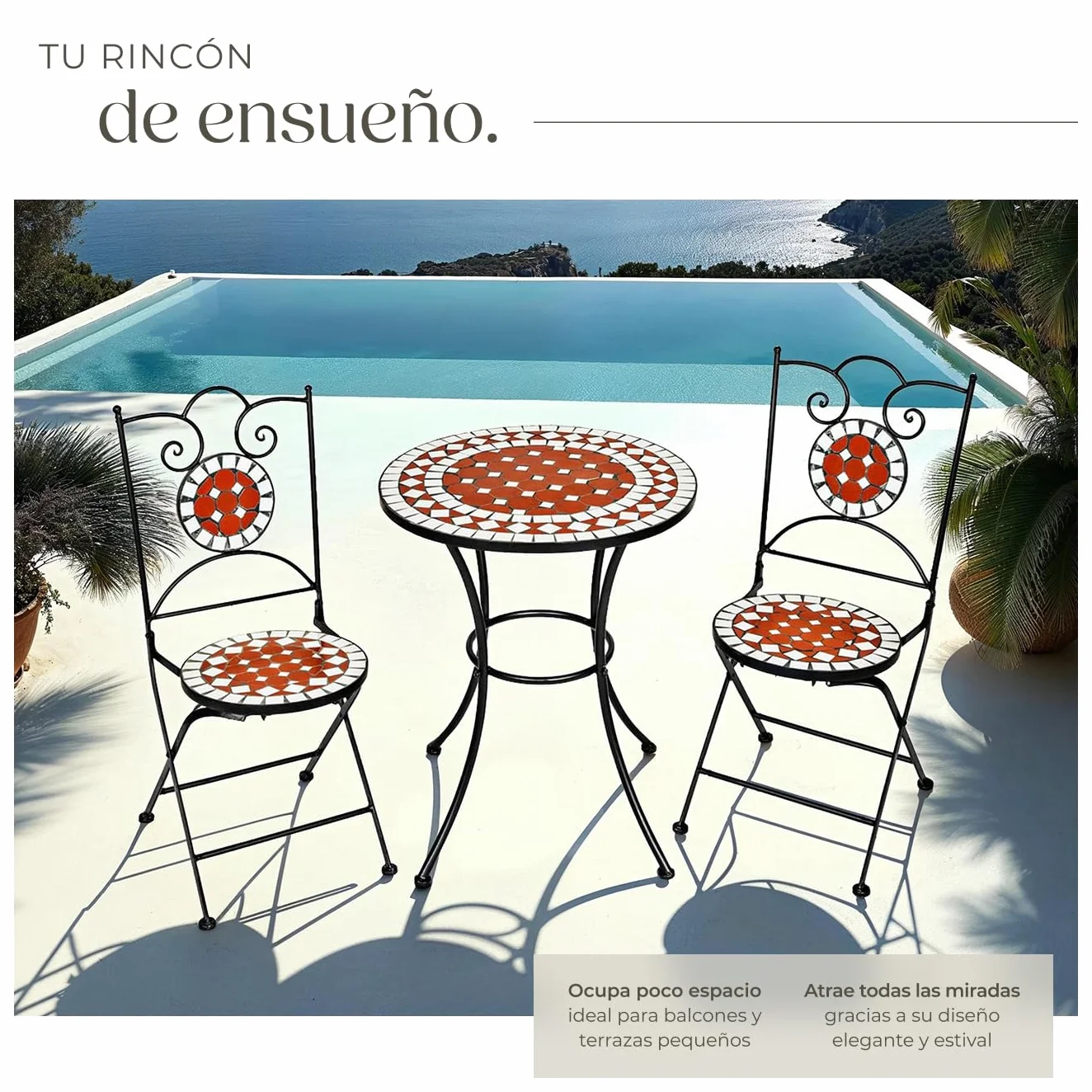 tectake® Conjunto Muebles Jardín Exterior de Metal y Cerámica, 1 Mesa y 2 Sillas Plegables, Muebles Terraza Impermeables y Resistentes a Intemperie, Gran Capacidad de Carga, Fácil Limpieza - marrón