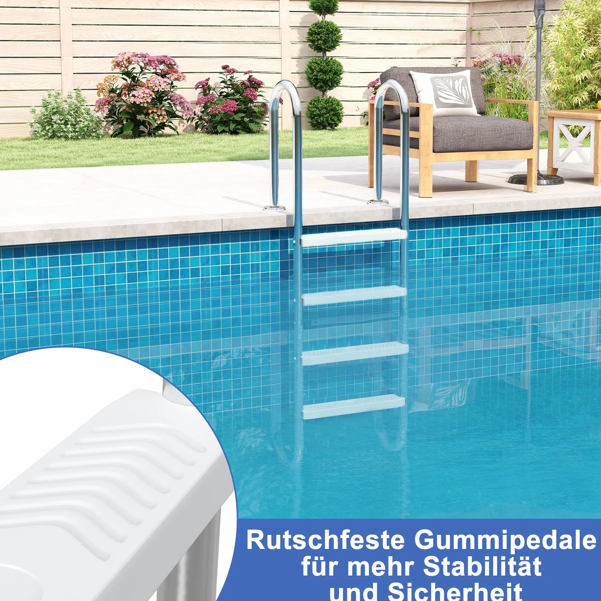 YRHome Escalera de piscina de 4 peldaños de acero inoxidable 304, antideslizante, hasta 150 kg, capacidad de carga de hasta 150 kg, escalera de piscina para piscina de jardín, piscina empotrable