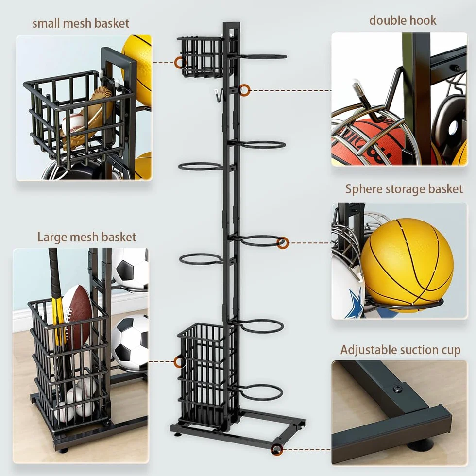 Soporte de Baloncesto y Fútbol, Organizador de Garaje para Equipos Deportivos, Estante de Almacenamiento Vertical con 7 Soportes y 2 Cestas
