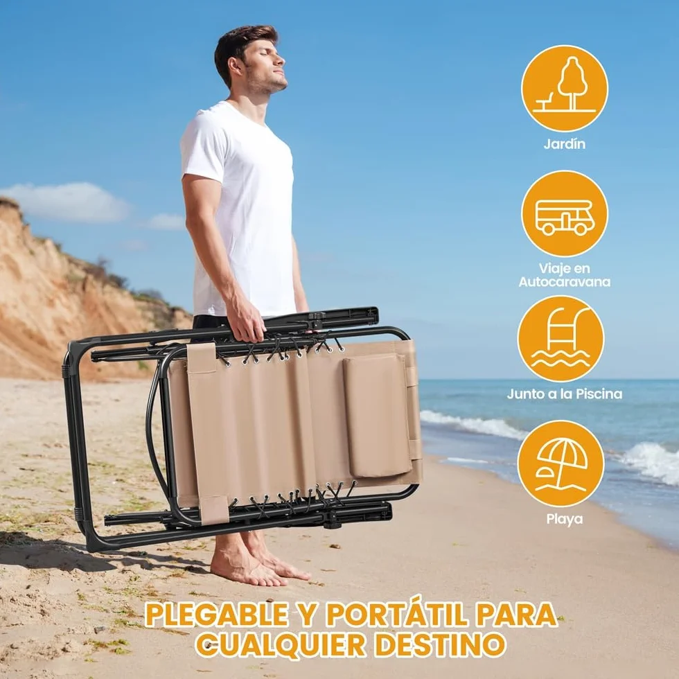Yaheetech Tumbona Plegable para Exterior Tumbona Jardin Ligera y Portátil Silla Reclinable con Bandeja Lateral, Fácil de Mover para Exterior (1PCS Beige