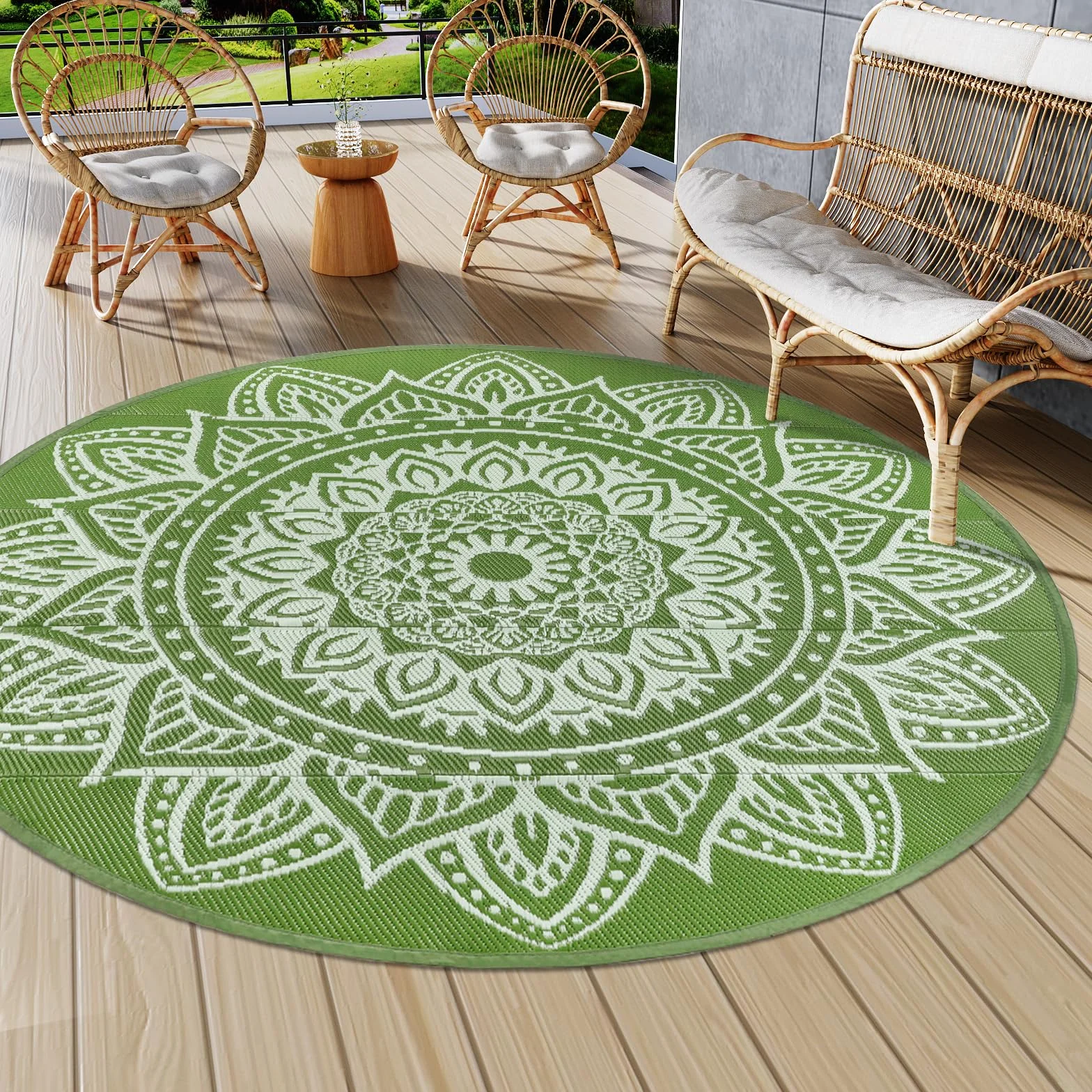 Famibay Alfombra Exterior Impermeable Redondo 180cm Alfombras De Exterior Reversible Plástico Resistente A Los Rayos UV Verde Tapete Terraza Patio Jardin Balcón