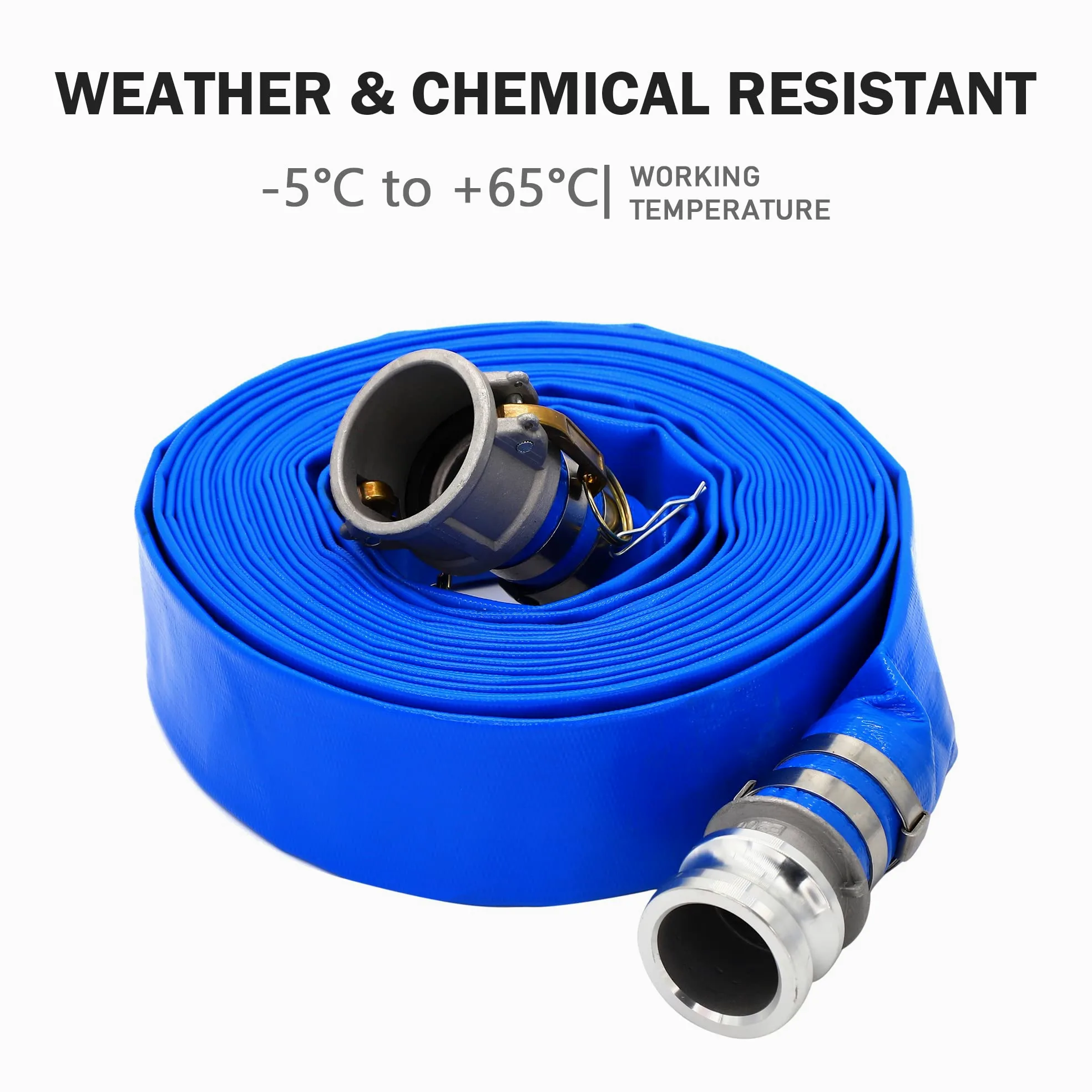 DAVCO Manguera de descarga plana de PVC de 1.5 pulgadas de diámetro interior x 50 pies, mangueras de retrolavado de piscina azul reforzadas resistentes para piscinas de drenaje, con accesorios Camlock