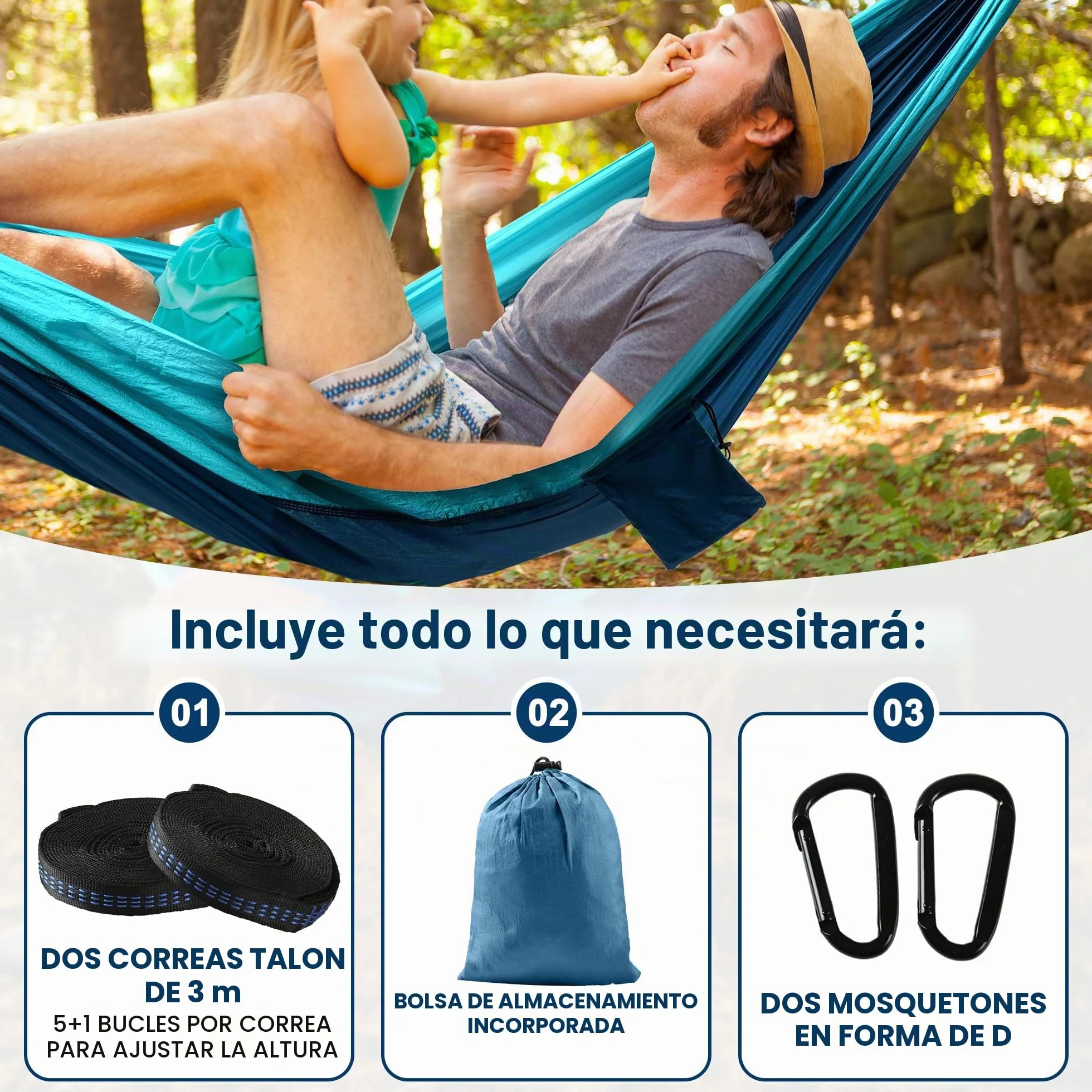 hamaca de camping al aire libre, hamacas de paracaídas portátiles superligeras con dos correas de árbol, nailon para árbol de viaje (azul lago, 280 x 140 cm)