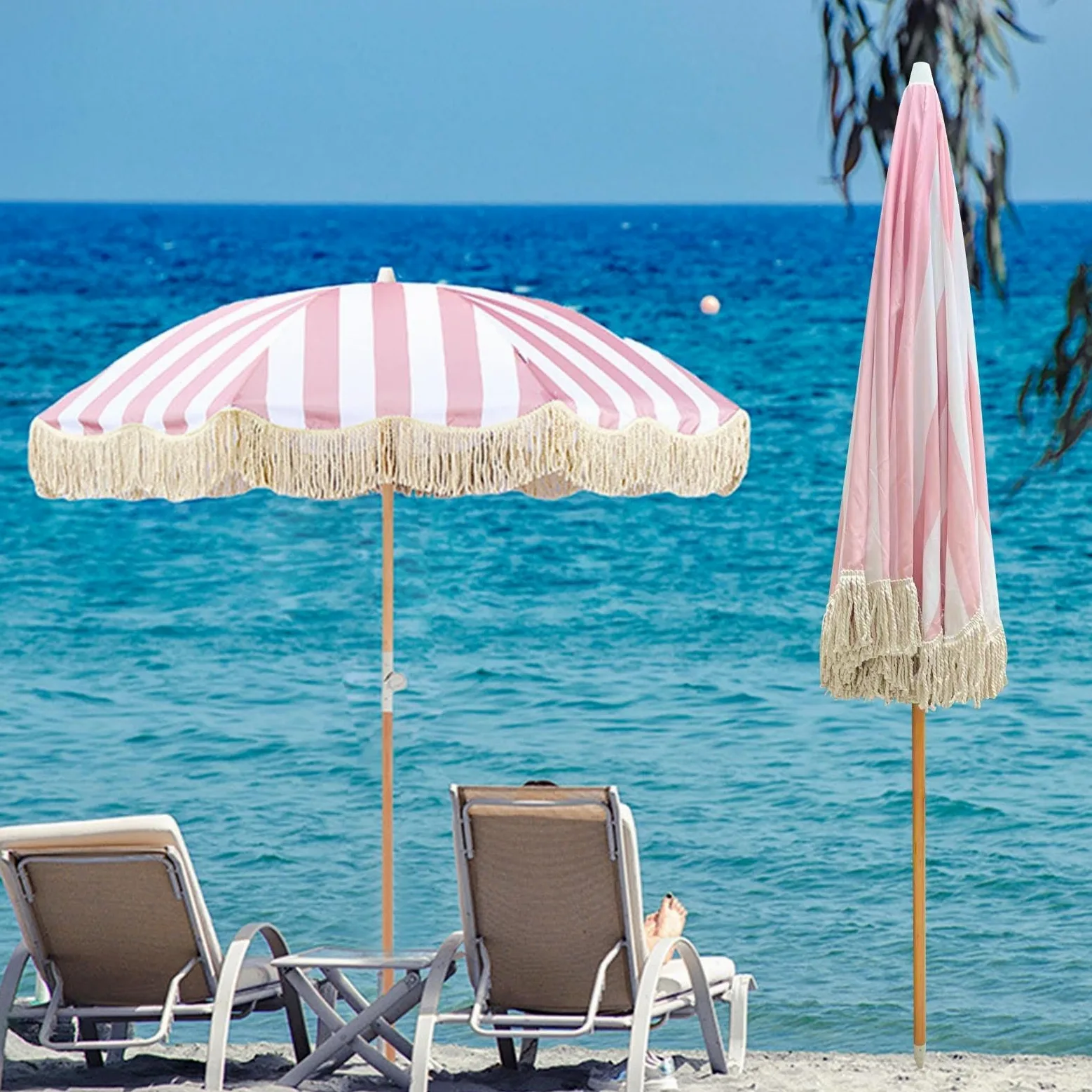 Sombrilla De Playa Grande Antiviento 2m Rosa Sombrillas Terraza Parasol De Jardín Anti UV Parasol Terraza De Jardín Sombrilla Jardin Exterior Con Borlas Para Piscina Balcón Y Césped