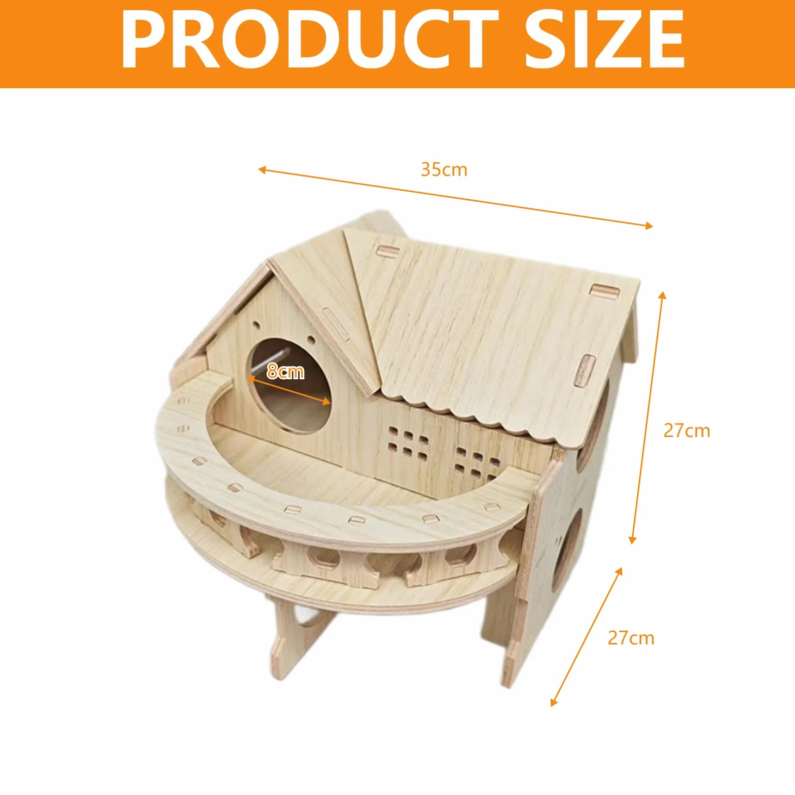 Casa para Erizos, 35 x 27 x 27 cm Casa del Erizo de Madera con Terraza Gran Casa para Erizo Desmontable con Múltiples Entradas y Salidas Redondas para Erizos o Cobayas para Refugio e Hibernación