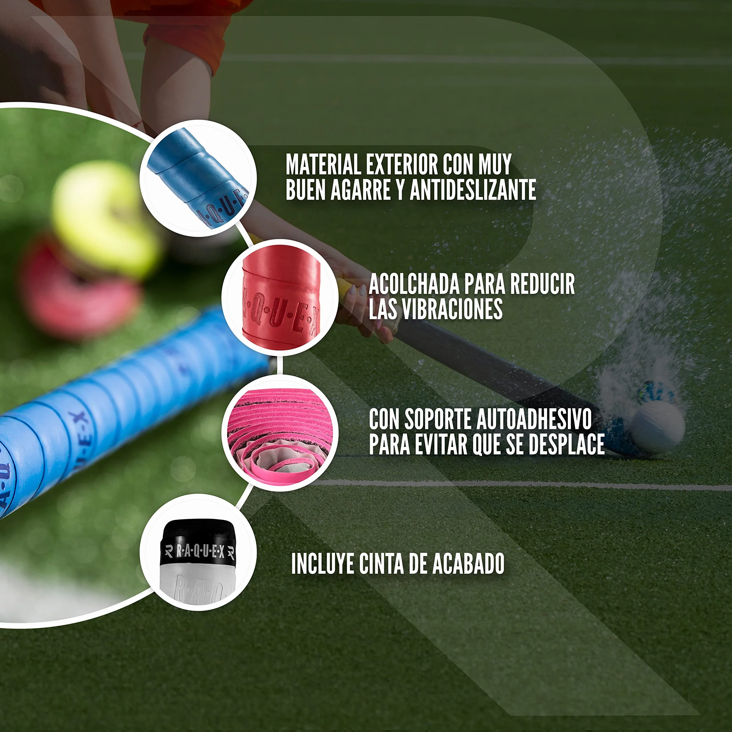 Raquex Grip Acolchado Adhesivo de Poliuretano para Palo de Hockey, Superadherente, Suave y Absorbente, Longitud Extralarga