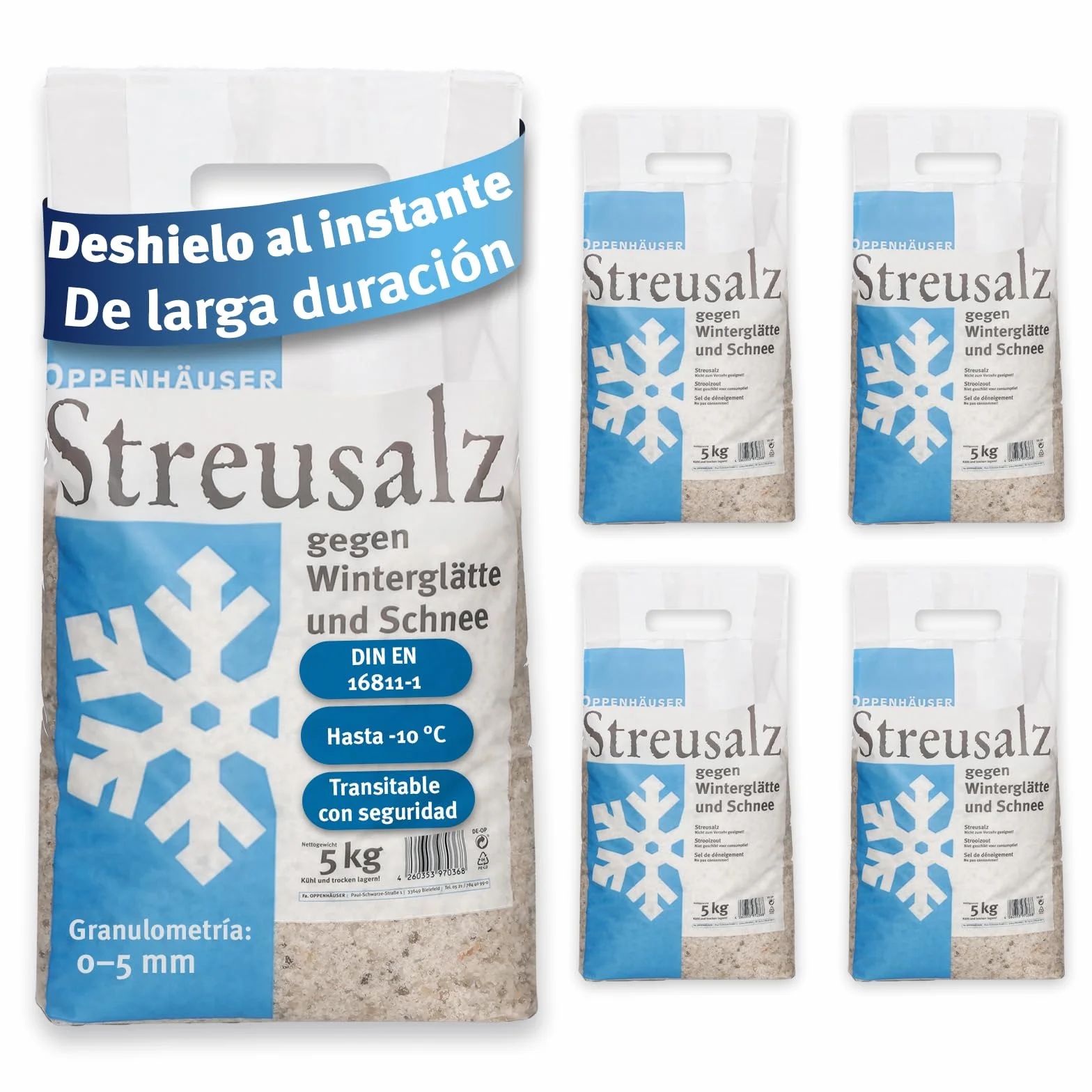 Sal para deshielo 25kg: deshielo inmediato y duradero, sal para eliminar el hielo y la nieve, streu invernal para aceras, accesos y aparcamientos, grano M, DIN EN 16811-1, premium, 5x5kg