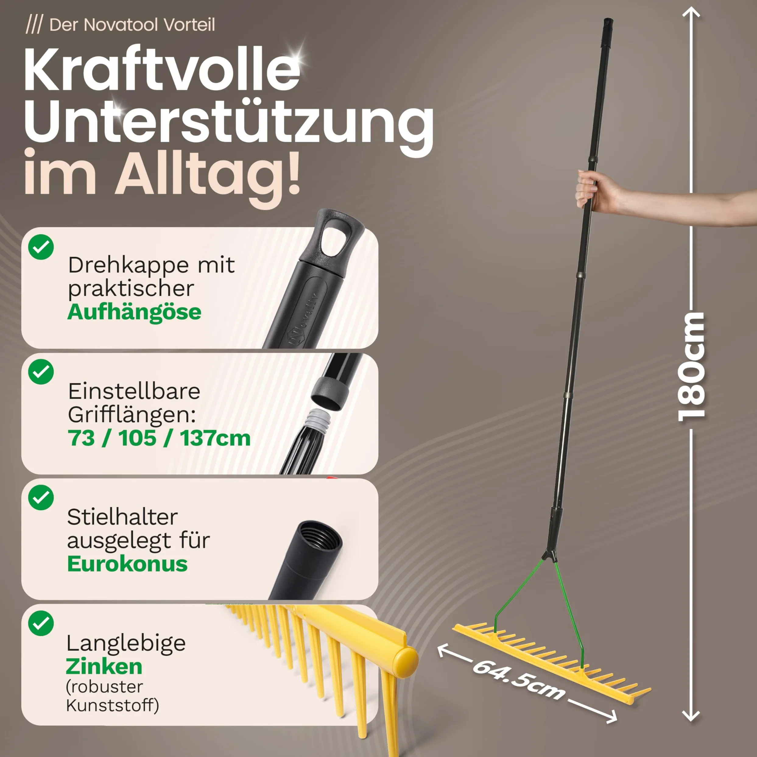 Novatool Rastrillo de jardín con borde de extracción, 16 dientes y 4 piezas con mango de tornillo y ranura, ancho de trabajo 64,5 cm, rastrillo de plástico y metal, recogehojas para el jardín