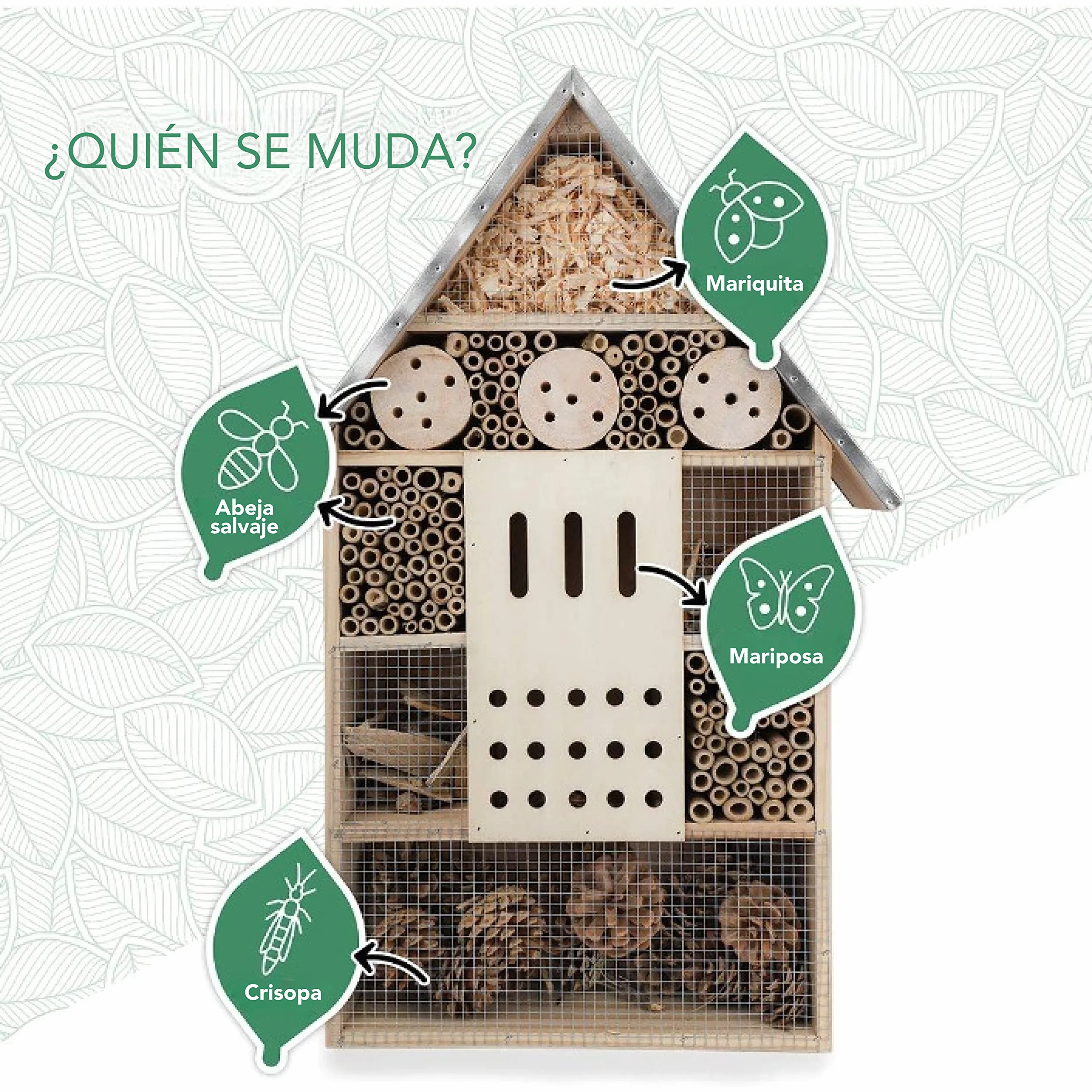 WILDLIFE FRIEND Hotel para Insectos con Techo de Metal XL. Casa para Insectos en Madera Natural para Abejas, Mariquitas, crisópidos, Mariposas. Mariposario