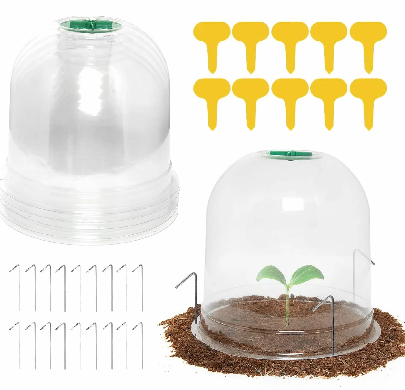 LATERN 6 Piezas Campana de Plantas de Jardín, 26cm x 20cm Cubierta de Campana de Cúpula de Planta Mini Invernadero de Plástico Reutilizable - con 10 Etiquetas para Plantas, 18 Clavijas de Seguridad