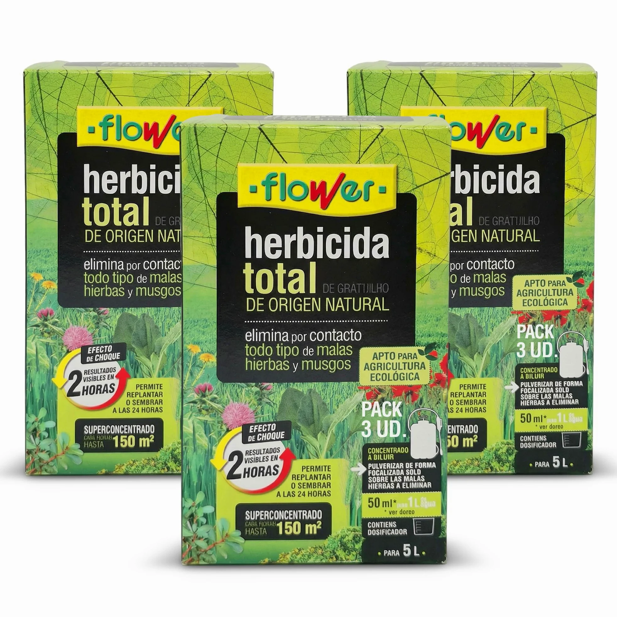 FLOWER x3 Herbicida Total Ecológico Origen Natural 450 m² | Elimina Malas Hierbas y Musgos | Alternativa Glifosato | Resultados 2 Horas | 750ml + Dosificador Diluir 15L Agua | Súper Concentrado