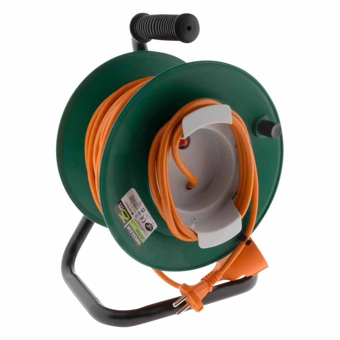 Zenitech - Enrollador de jardín estanco IP44 con cable naranja 2x1,5 mm² - 25m con toma 16A 2P+Tierra con solapa y disyuntor