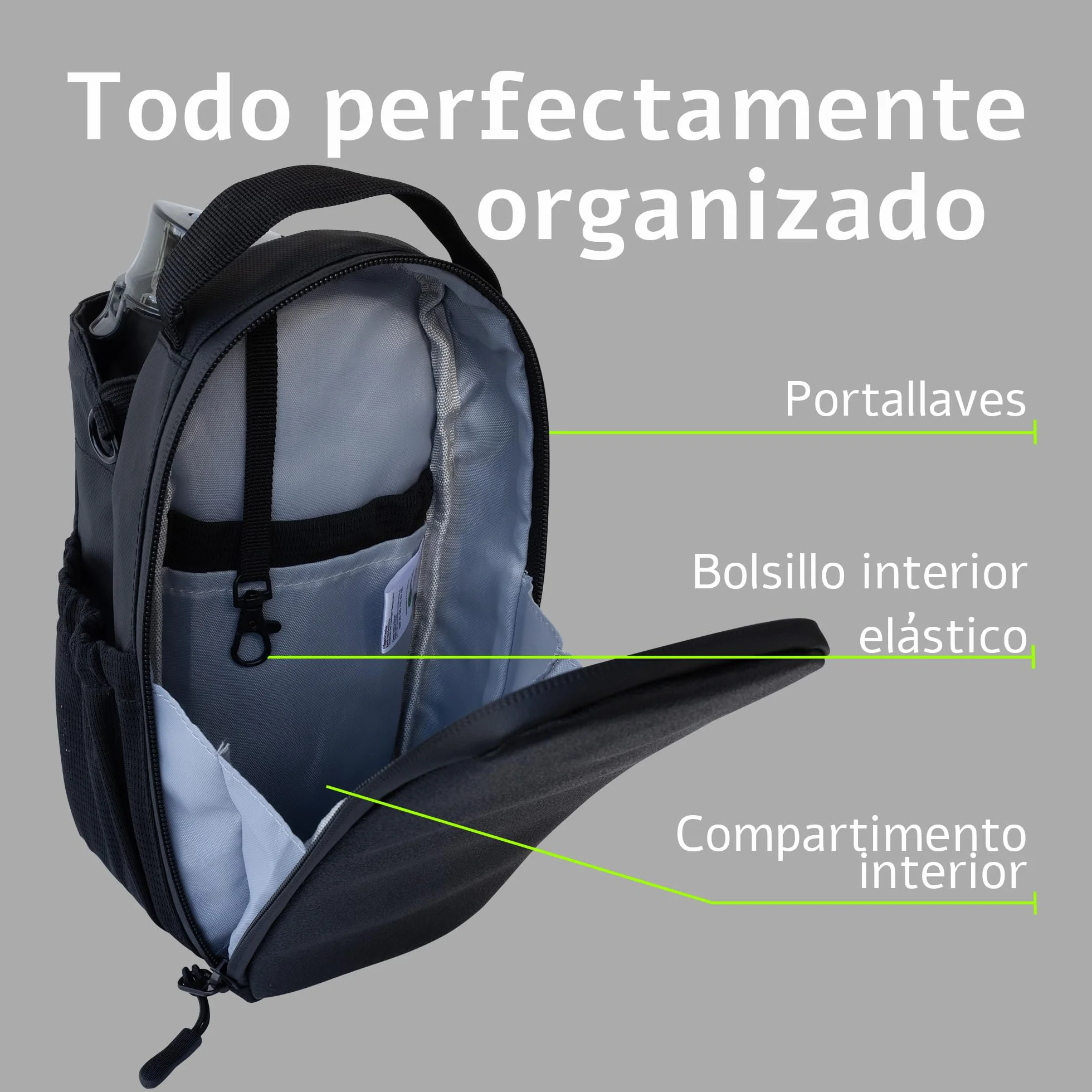 Bolsa Deportiva Magnética para Gimnasio con Soporte para Botella 1,5 L, Correa Ajustable, Negro