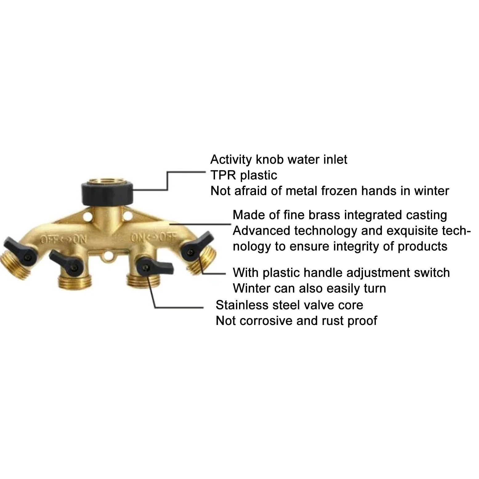 Divisor de agua de 4 vías, divisor de manguera de jardín de metal de 4 vías, conector de manguera de agua resistente para riego de jardín