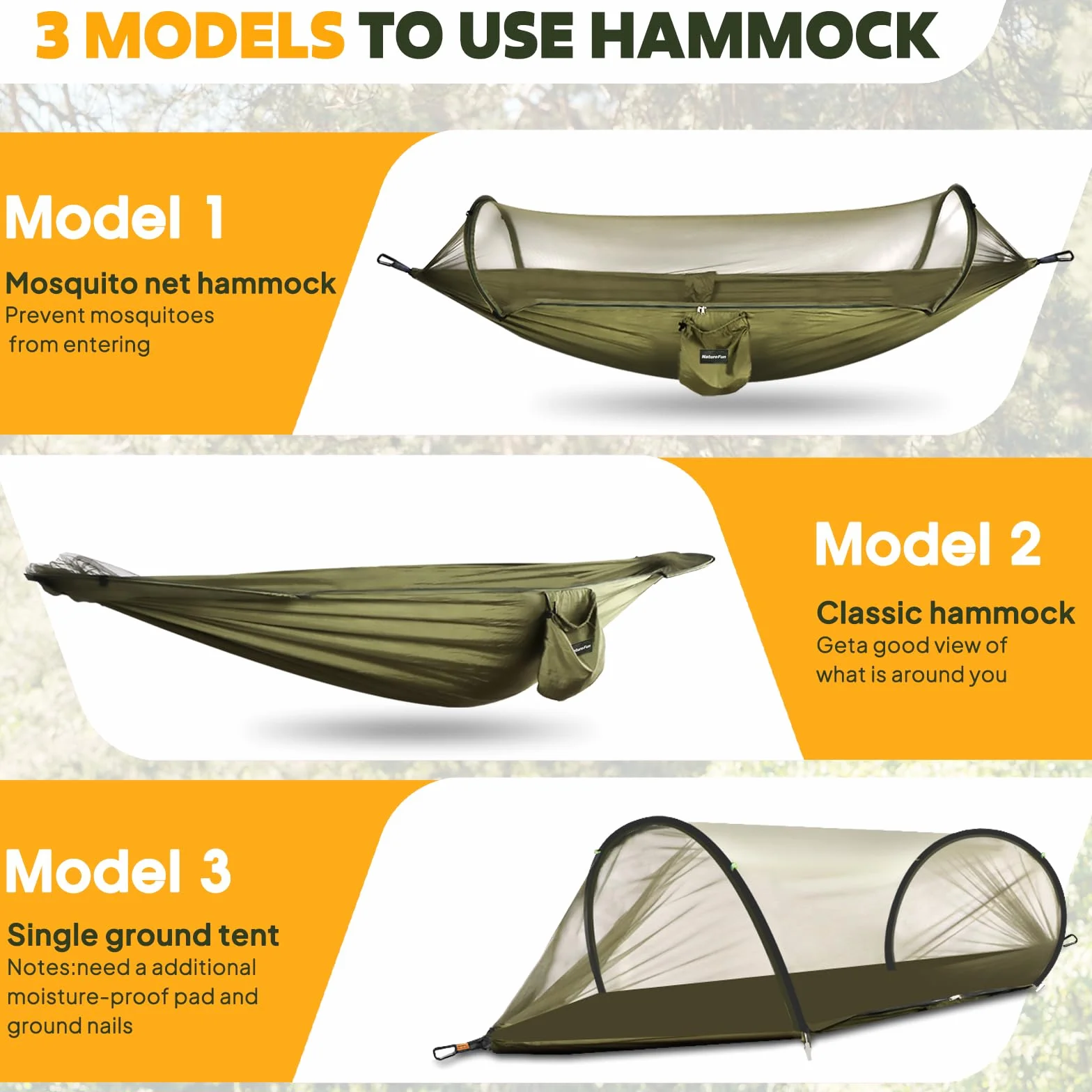 NatureFun Hamaca de Viaje Ultra-Ligera Hamaca para mosquiteros | Capacidad de Carga de 300 kg, Nylon de paracaídas Transpirable| 2 x mosquetones de Primera Calidad, 2 x eslingas de Nylon Incluidas