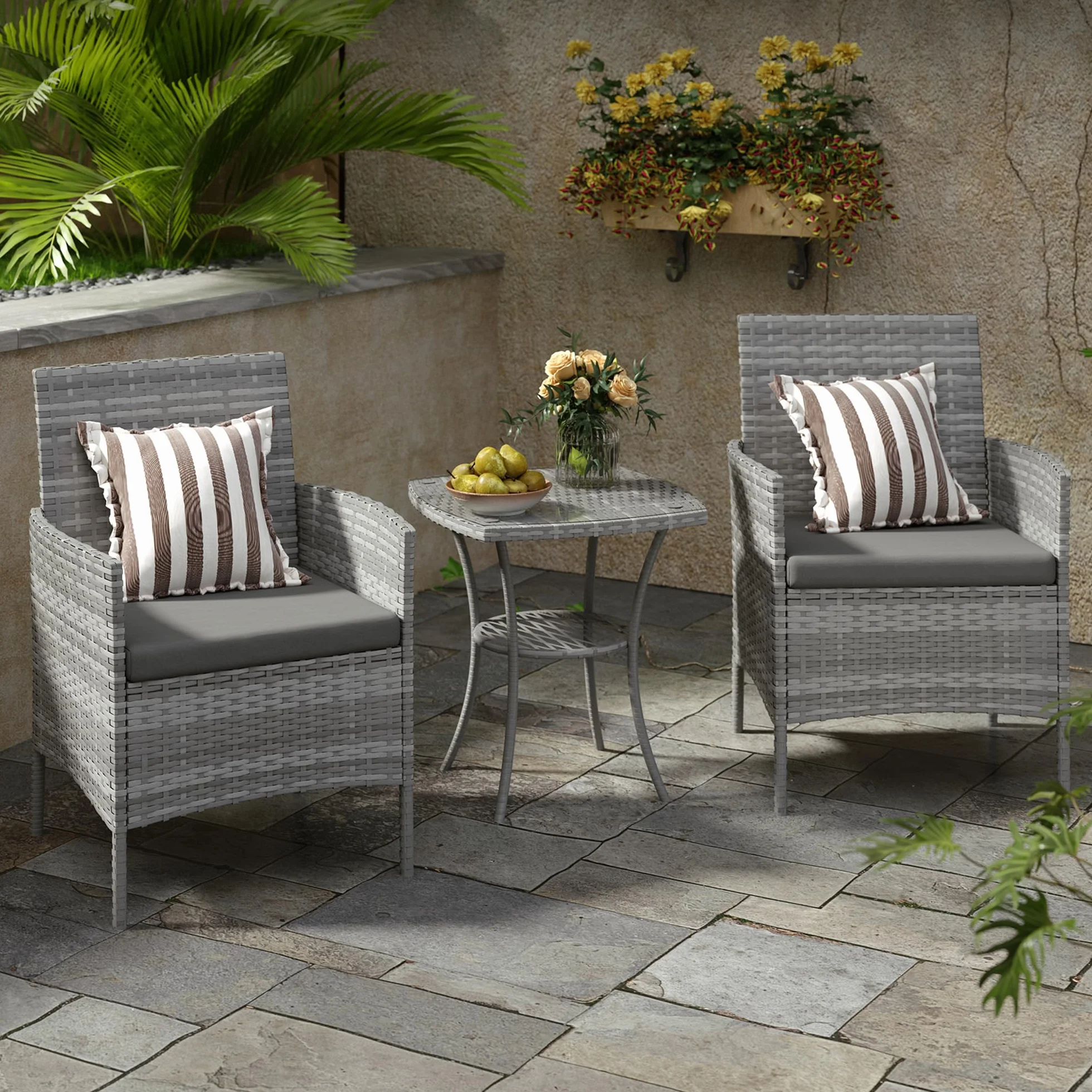 Amopatio Conjunto Muebles Jardín Ratán 3 Piezas, 2 Sillones con Cojines y Mesa de Centro, Sofá Exterior Terraza con Vidrio Templado, para Terraza, Patio y Balcón Colores: Gris