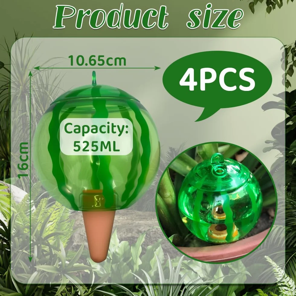 4 Pieza Riego automatico macetas, Regar Plantas Vacaciones, Diseño con Forma de sandíao, Bola de riego para Plantas Apta para Varias macetas (1Pieza x 500 ml)