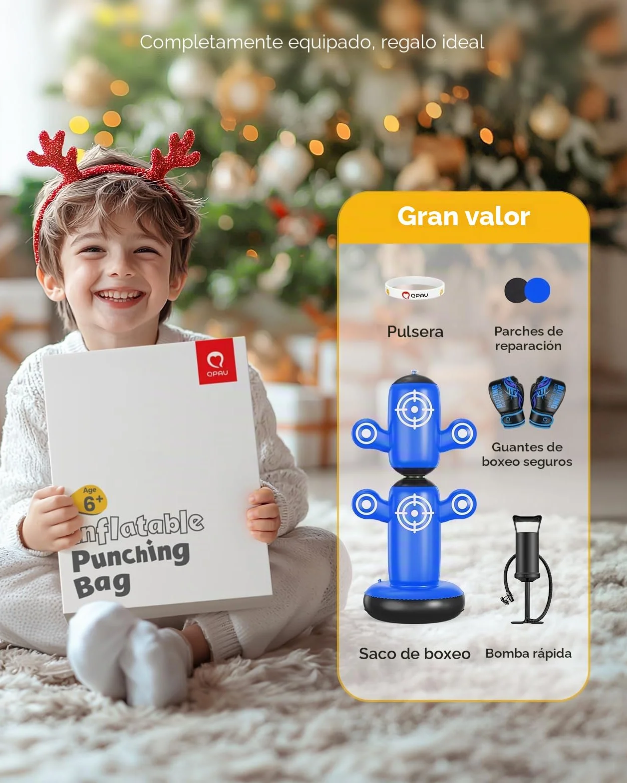 Saco de boxeo giratorio de 360° para niños, bolsa de 64 pulgadas con guantes, bomba y 6 objetivos, inflable
