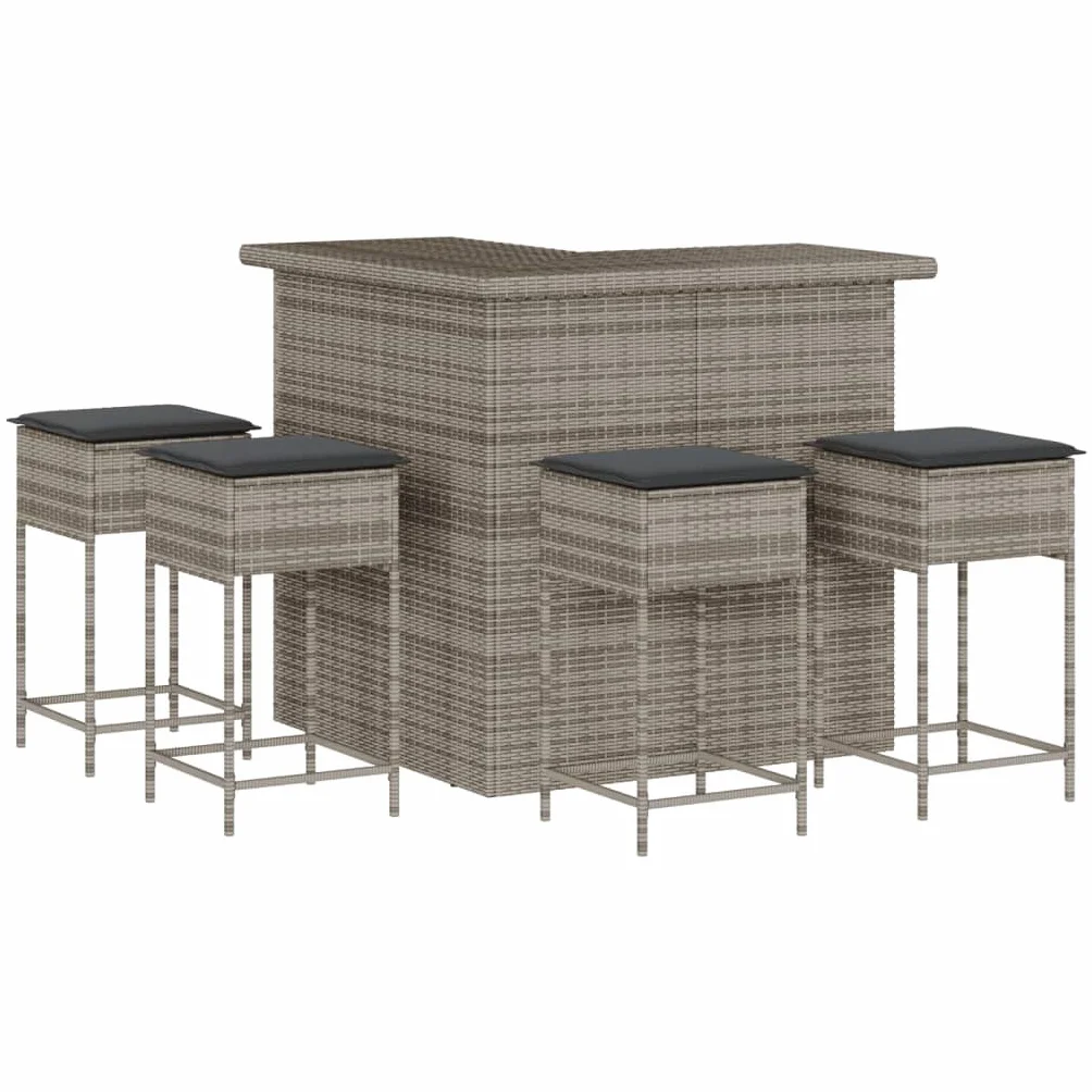 vidaXL Juego de Bar de jardín de 5 Piezas con Cojines ratán PE Gris, Mesa Alta y taburetes de Exterior, Juego de Bar, Juego de Muebles