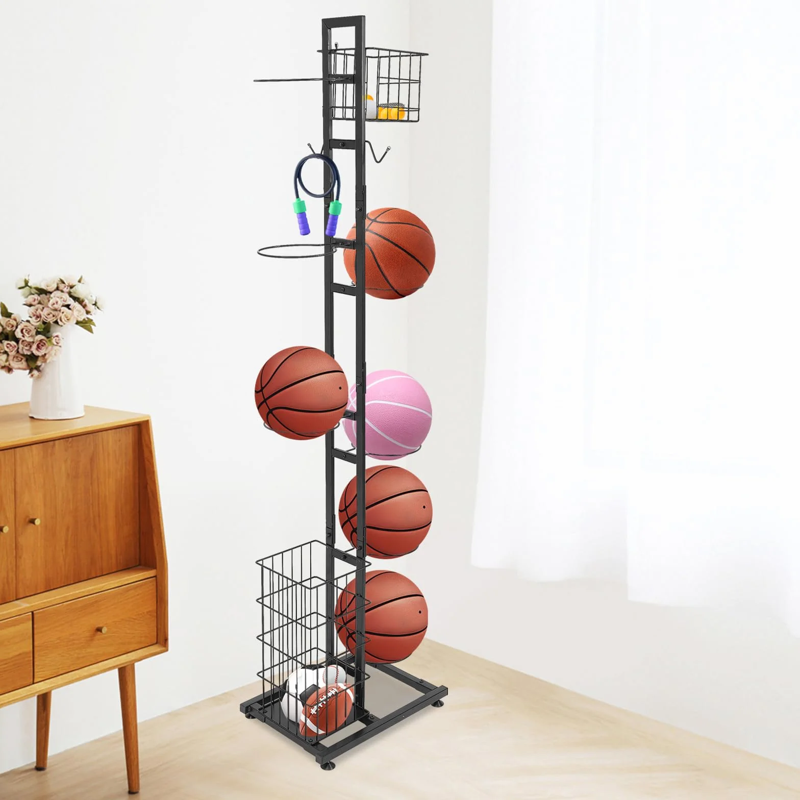 Soporte para pelotas vertical 5 soportes 2 cestas estantería exhibición fútbol voleibol baloncesto 41x28x156 cm