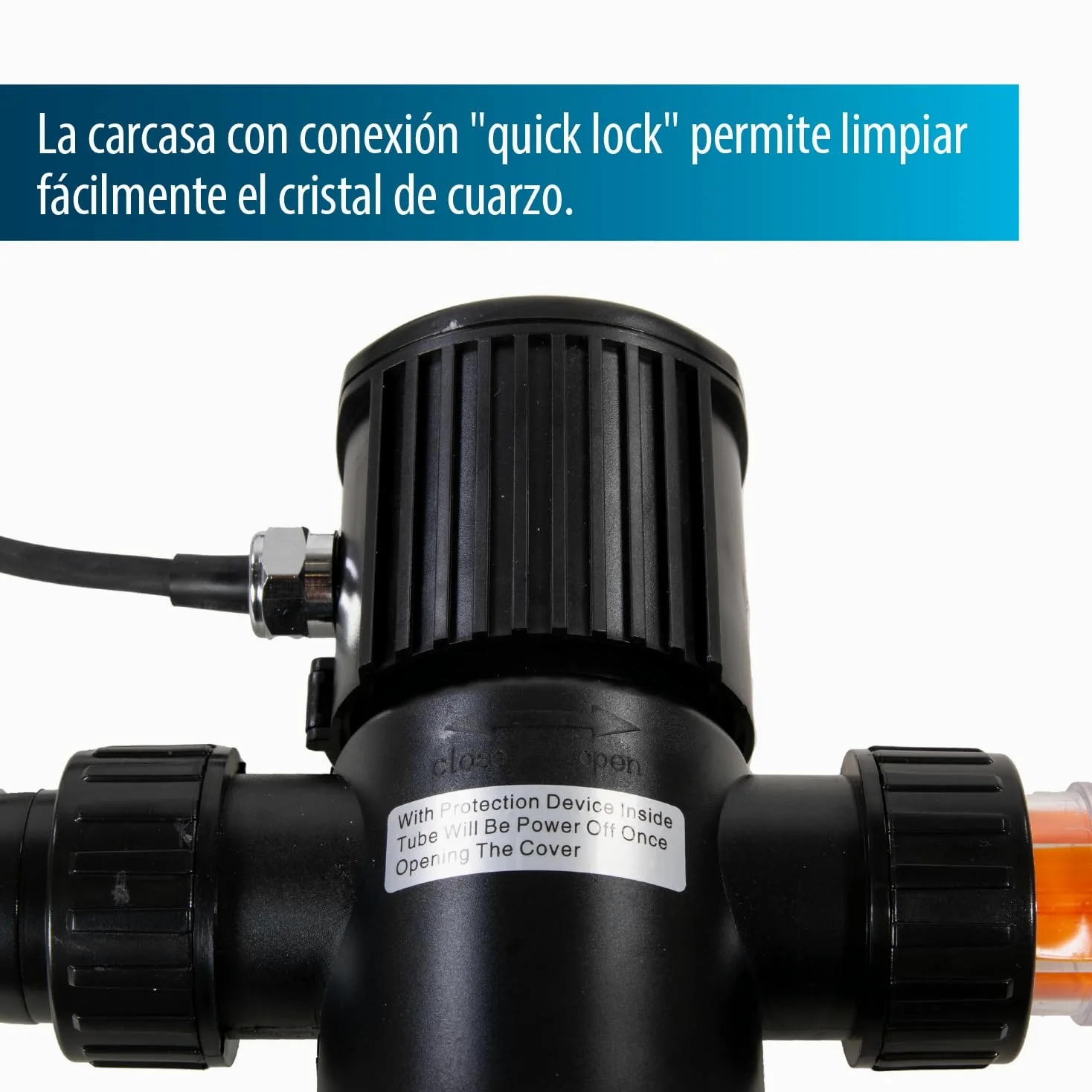 AquaForte GUV-211 UV-C, máx. Estanque 12 m³, Flujo máximo 1,7 m³/Hora, 11 W, Carcasa con conexión Quick Lock, Equipado con 3 Conexiones: 3 boquillas de Manguera 20/25/32/40 mm y Vidrio de visión UV